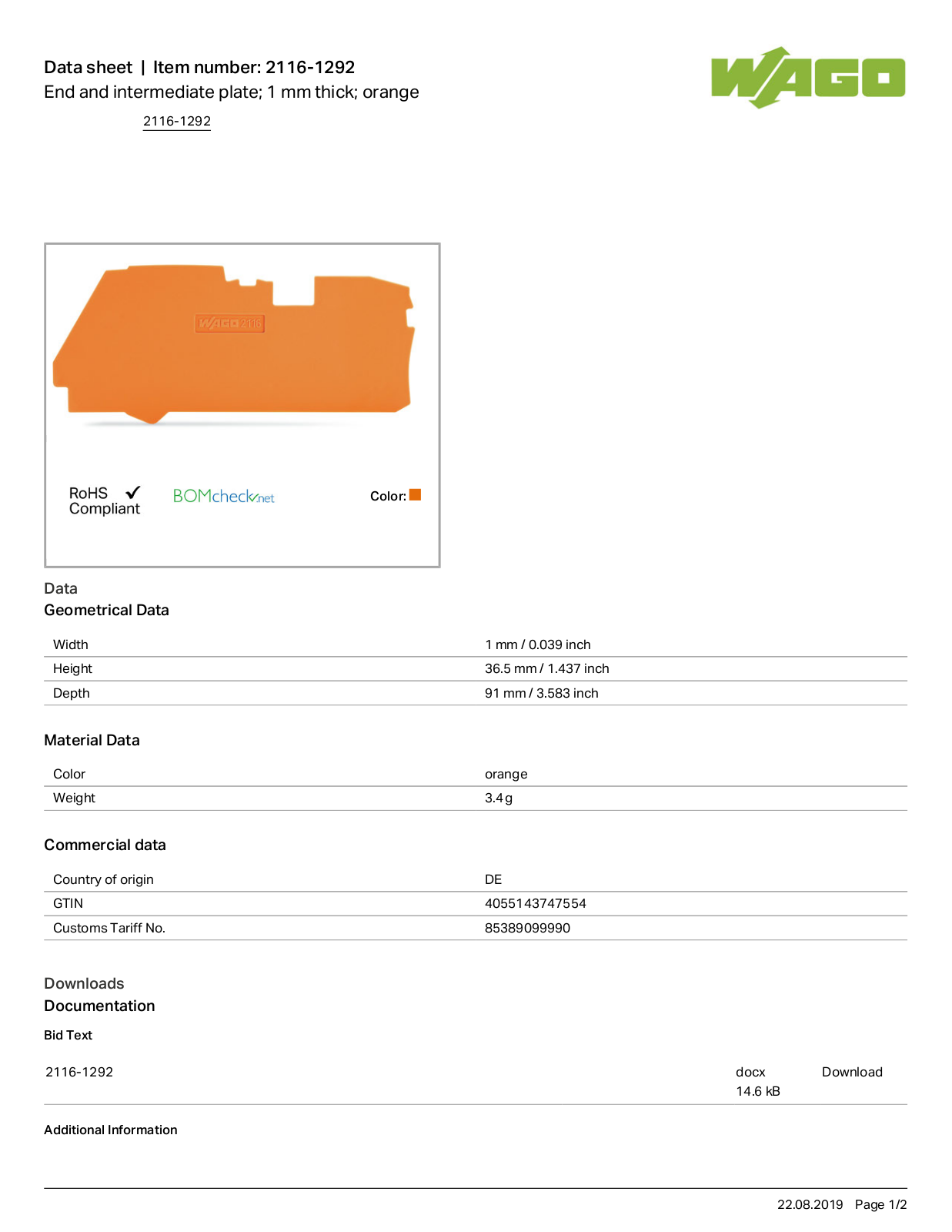 Wago 2116-1292 Data Sheet