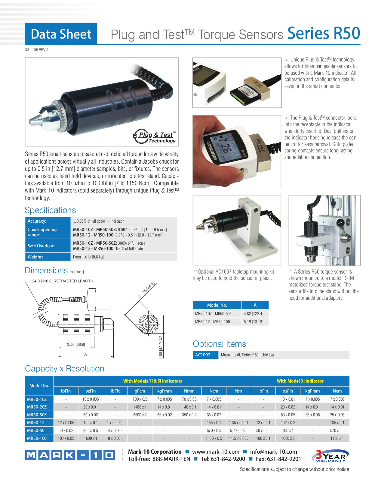 Mark-10 MR50-10Z, MR50-20Z, MR50-50Z, MR50-12, MR50-50 Data Sheet