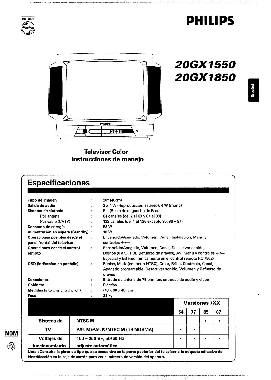 Philips 20GX1850/87R, 20GX1850/54R, 20GX1550/87R User Manual