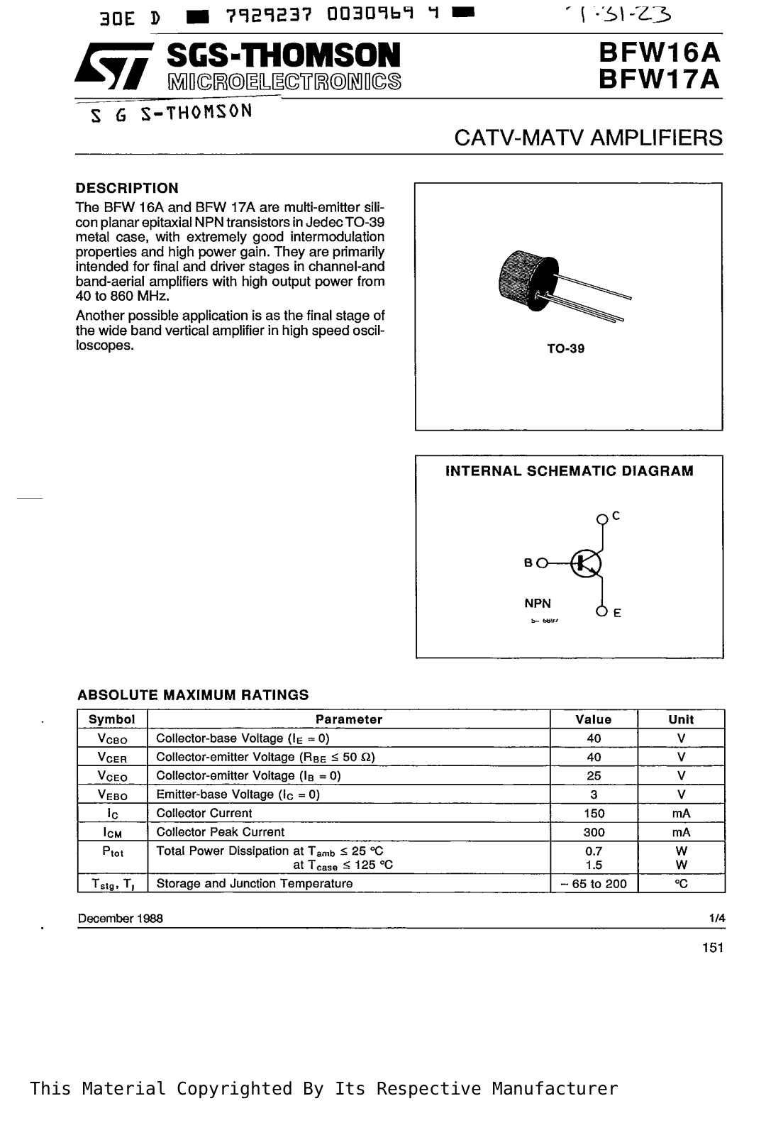 SGS Thomson Microelectronics BFW16A Datasheet
