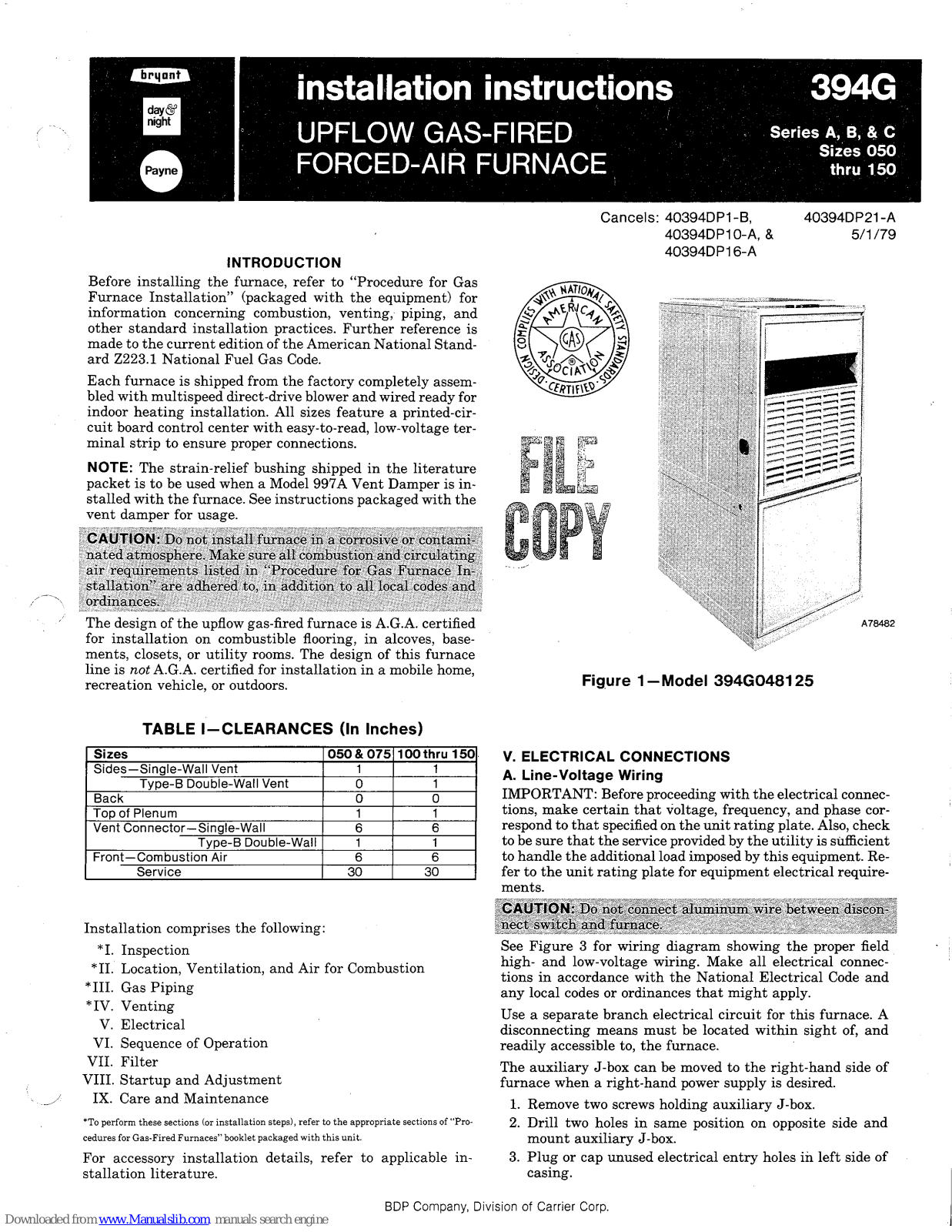 Payne 394G, 394G048125 Installation Instructions Manual