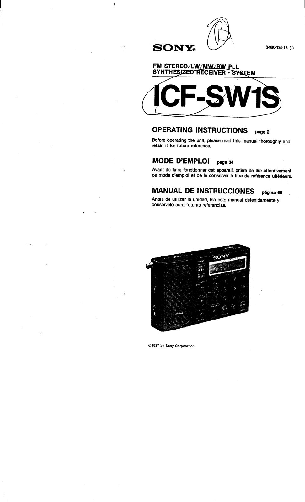 Sony ICF-SW1S Operating Instructions