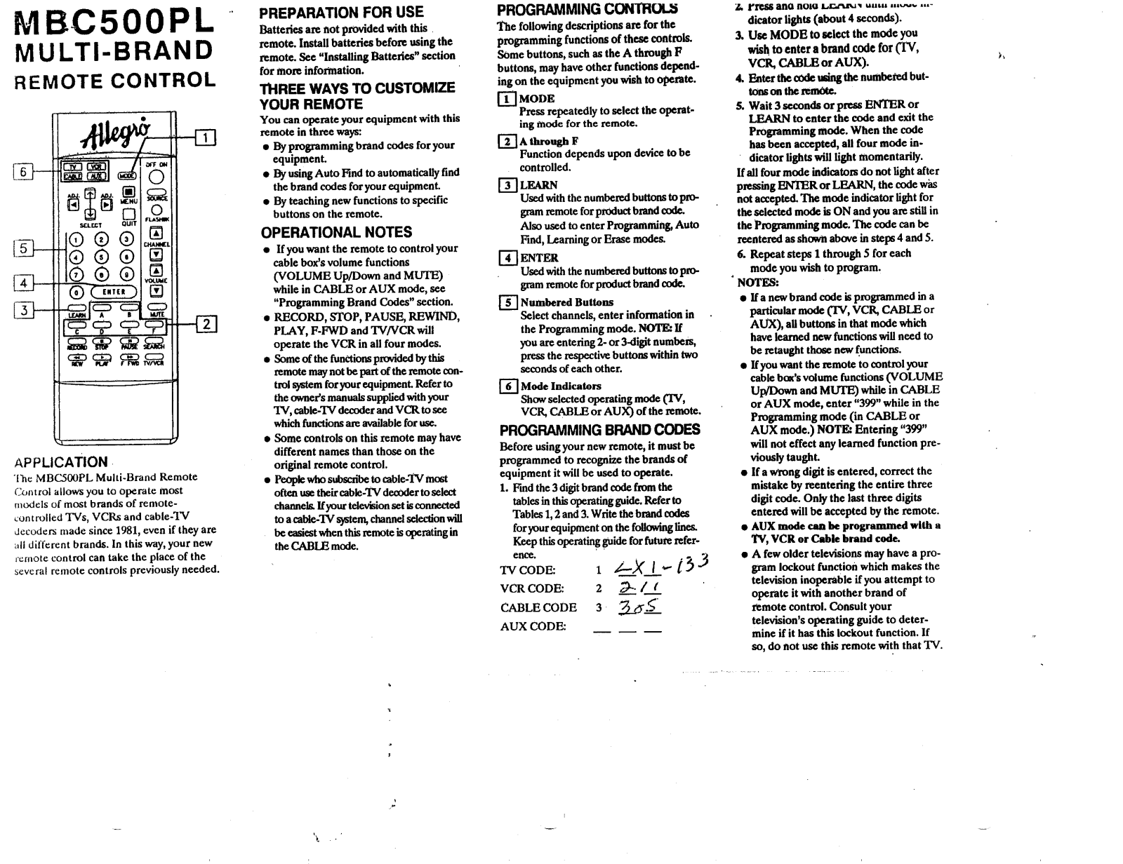 Zenith MBC500P OPERATING GUIDE