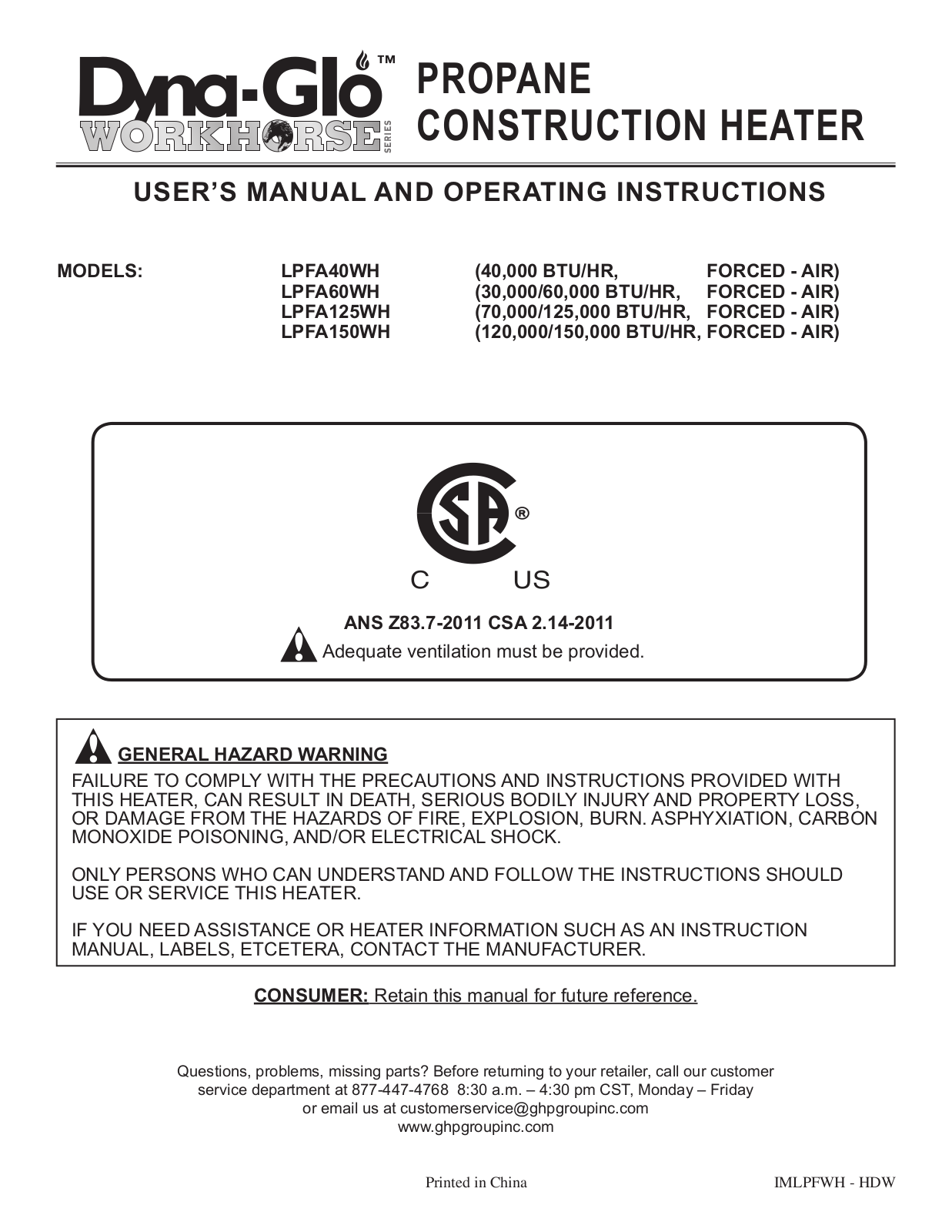 Dyna-Glo LPFA40WH, LPFA60WH, LPFA125WH, LPFA150WH User Manual