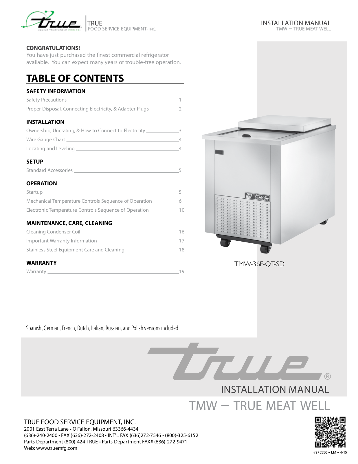 True TMW-36F-QT-SD Installation Manual