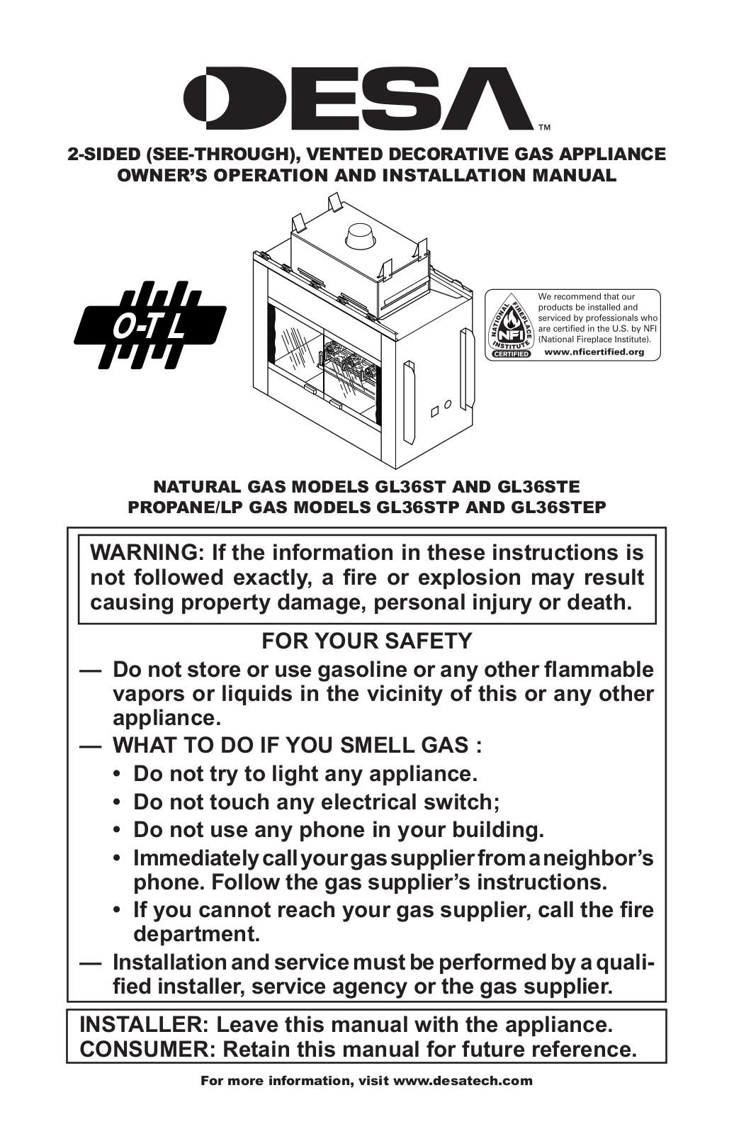 Desa Tech GL36ST, GL36STE, GL36STEP, GL36STP, VGL36ST Owner's Manual