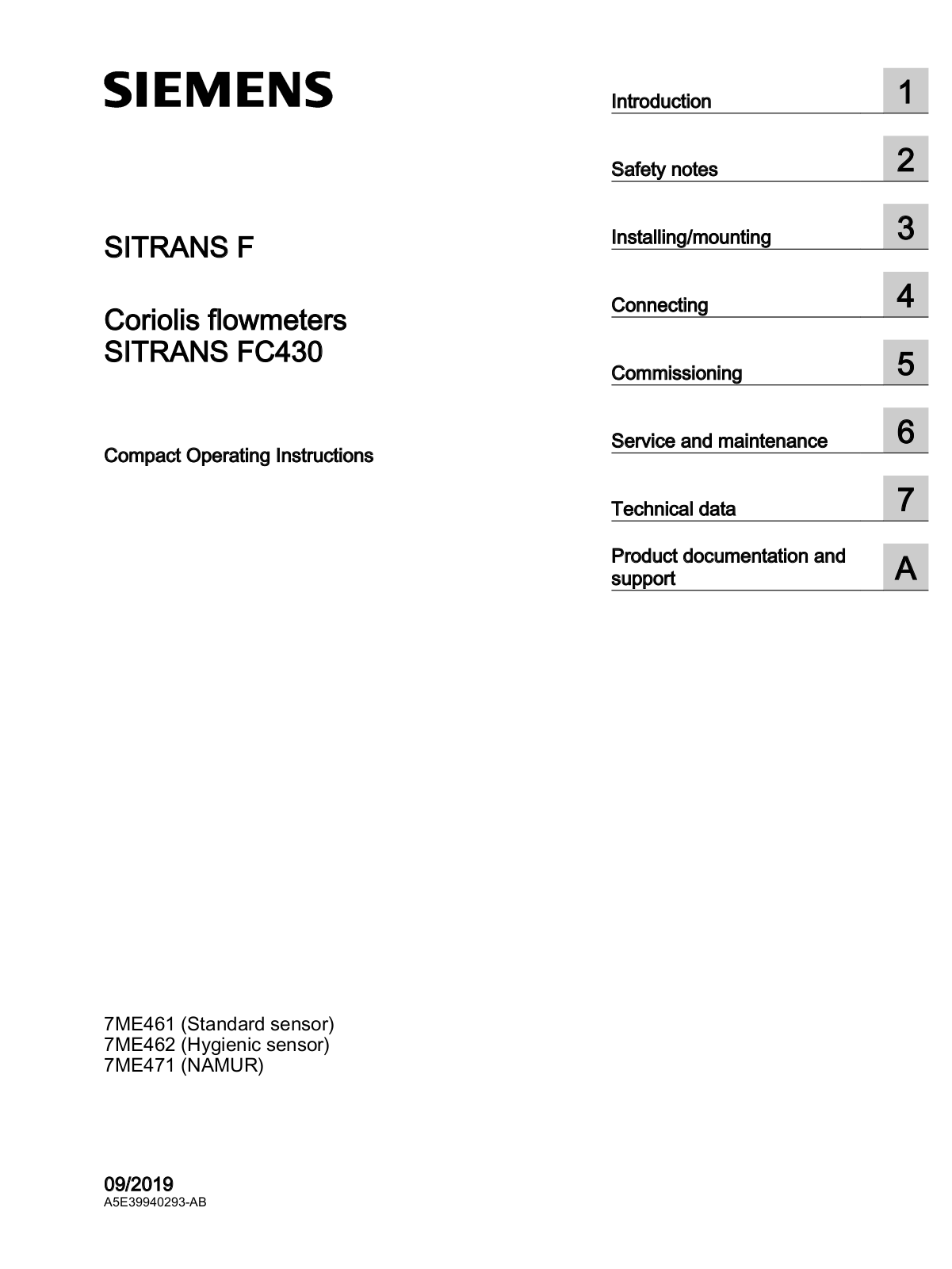 Siemens SITRANS F Series,SITRANS FC430 Compact Operating Instructions