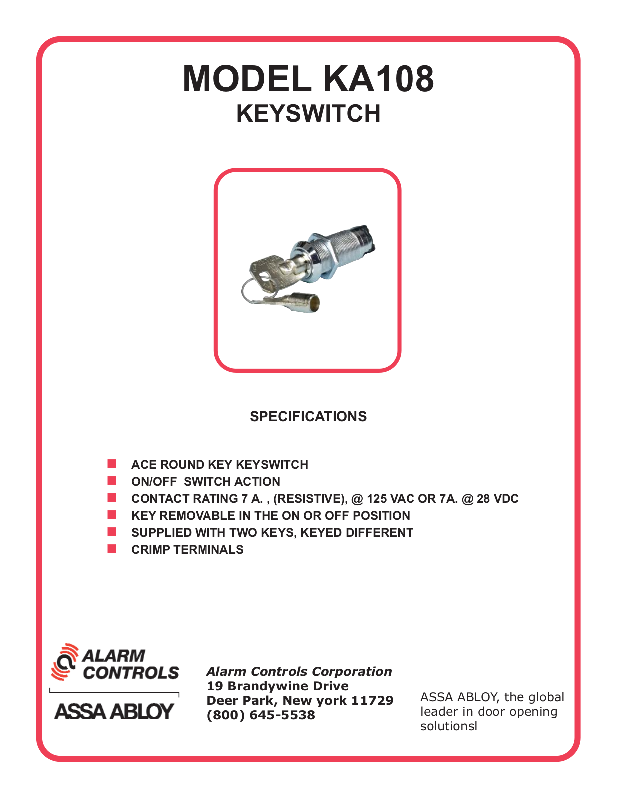 Alarm Controls KA-108 Specsheet