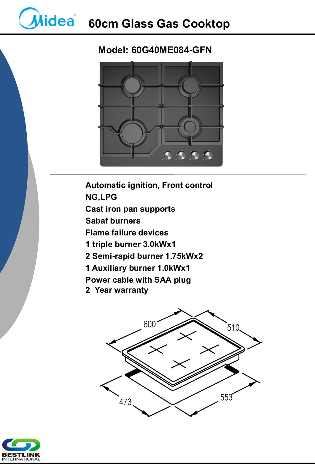 Midea 60G40ME084-GFN Specifications Sheet