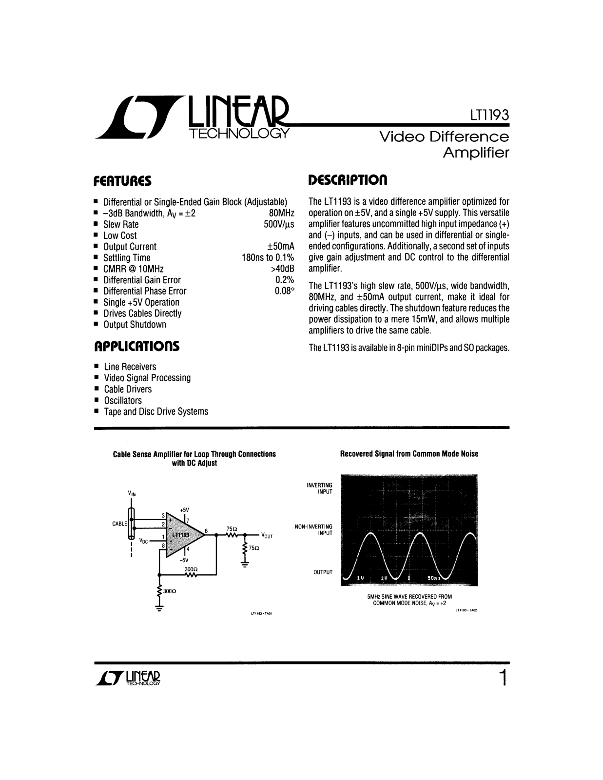 Linear Technology LT1193 Datasheet