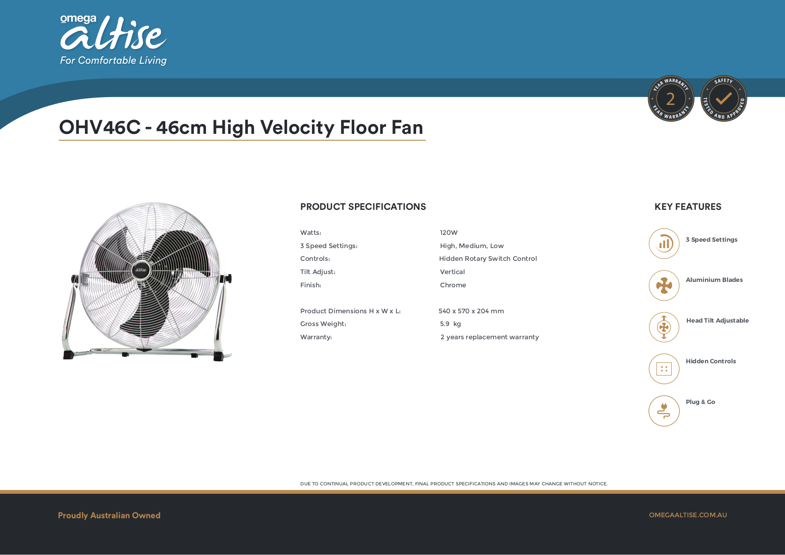 Omega Altise OHV46C Specifications Sheet