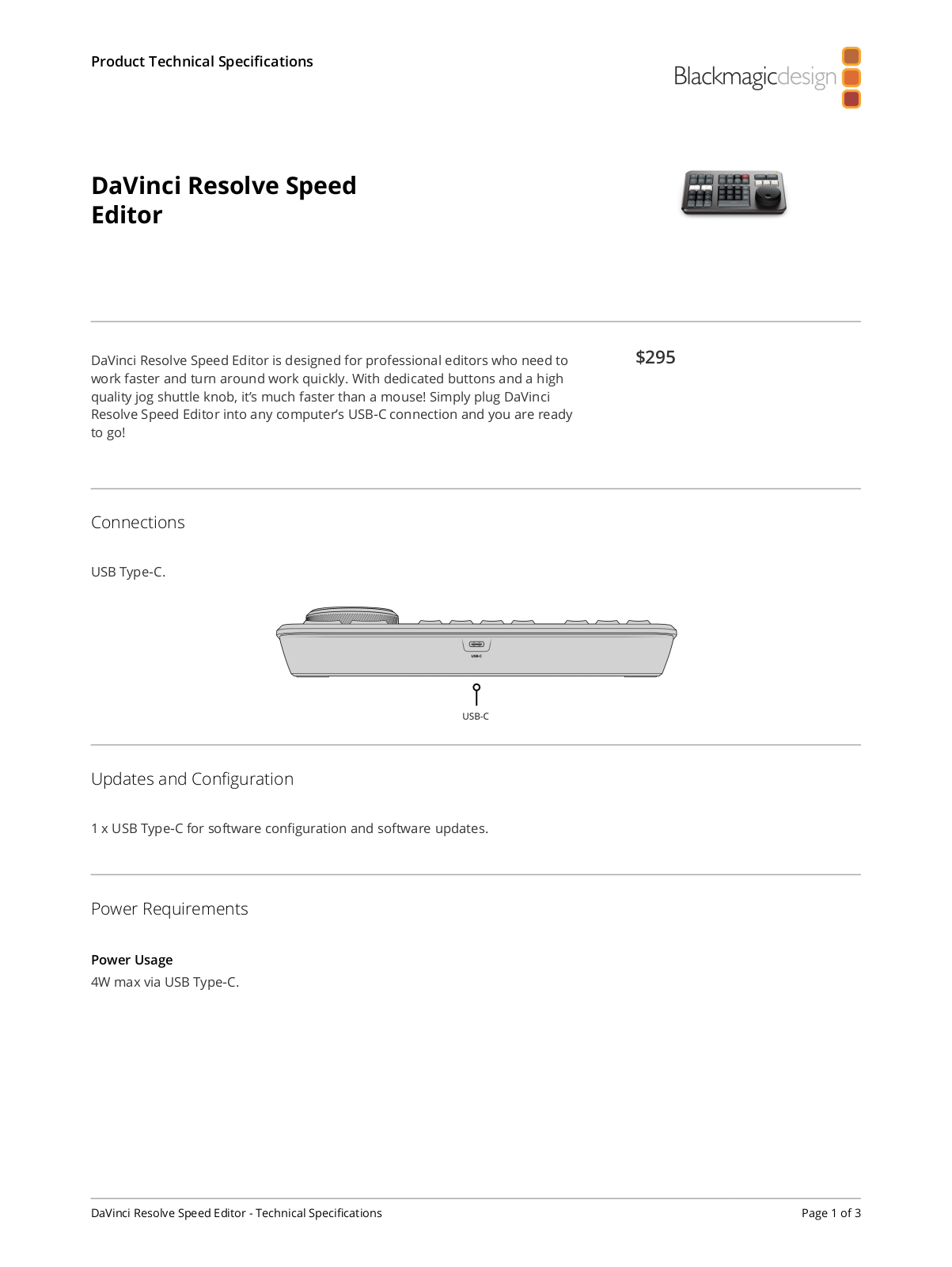 Blackmagic Design DaVinci Resolve Speed Editor Specifications