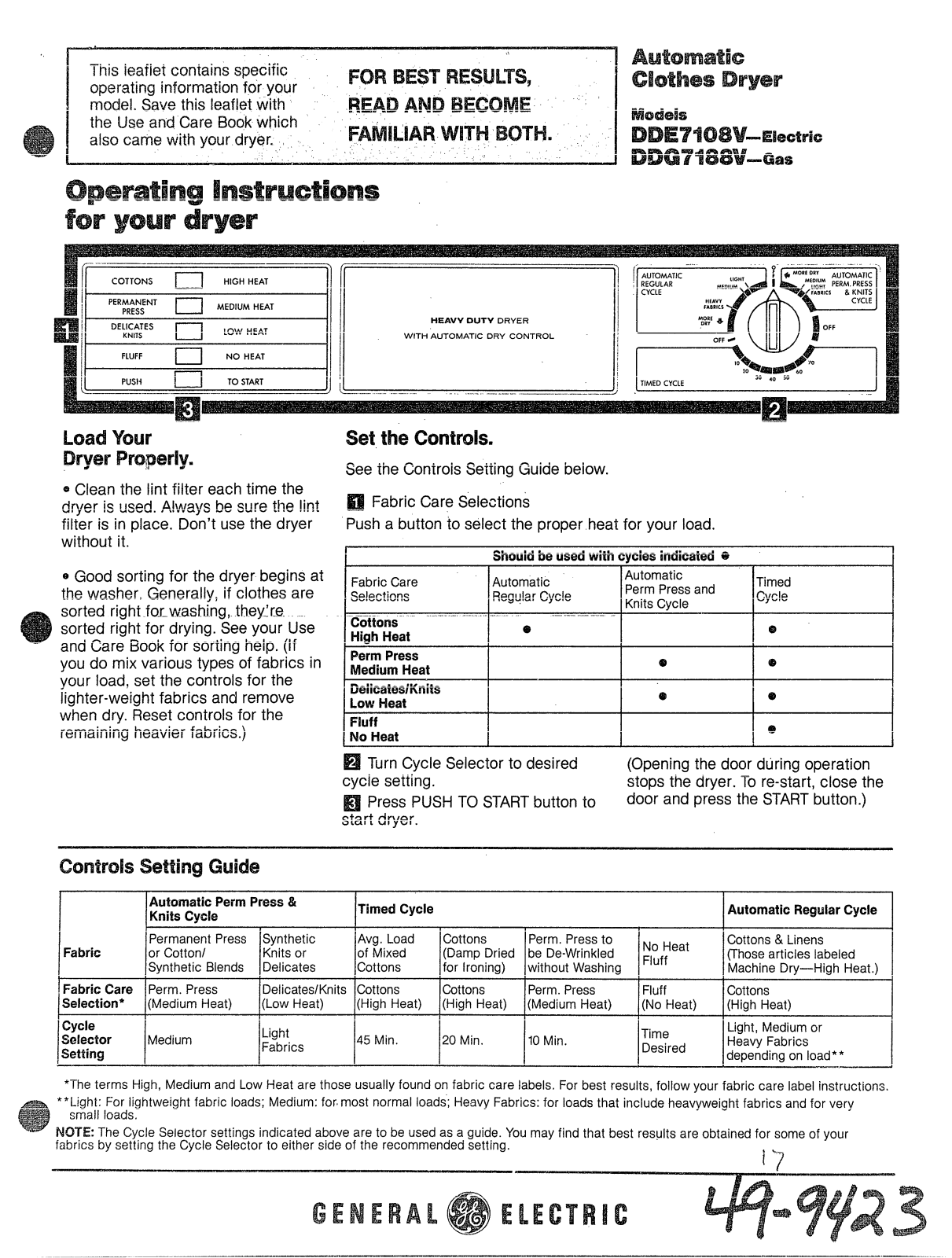 GE DDG7188V, DDE7108V Operation Instructions - ManualMachine.com