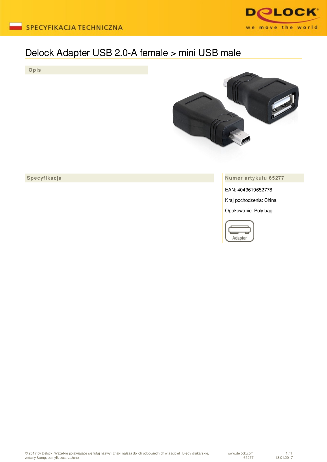 DeLOCK USB 2.0 adapter, USB-A  socket  on mini-B  plug User Manual