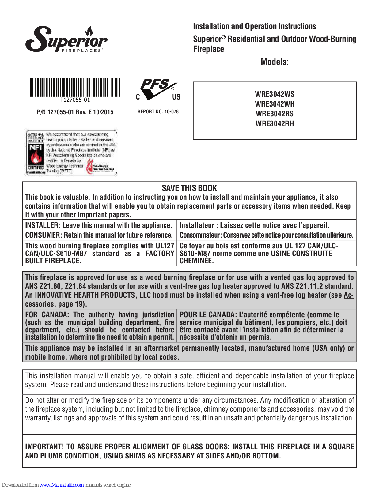 Superior WRE3042WS, WRE3042WH, WRE3042RH, WRE3042RS Installation And Operation Instructions Manual