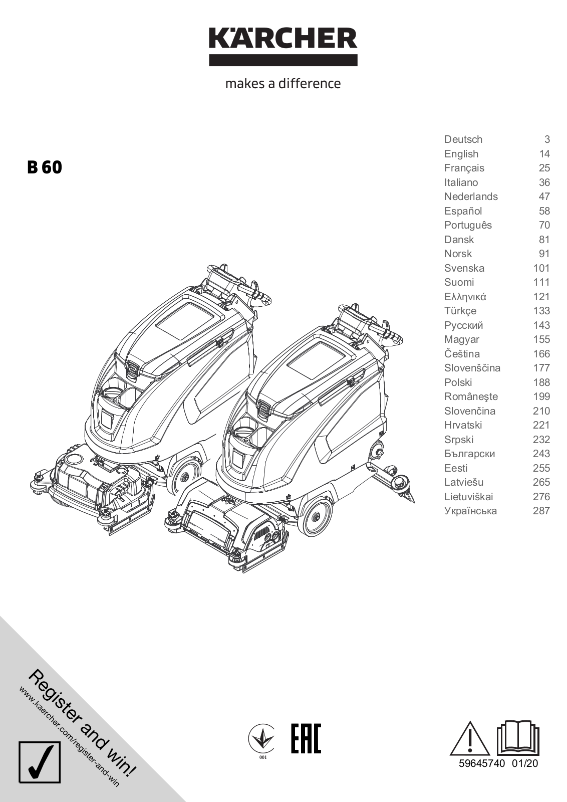 Karcher B 60 W Bp, B 60 W Bp Dose, B 60 W Bp Fleet, B 60 W Bp Dose Fleet User guide