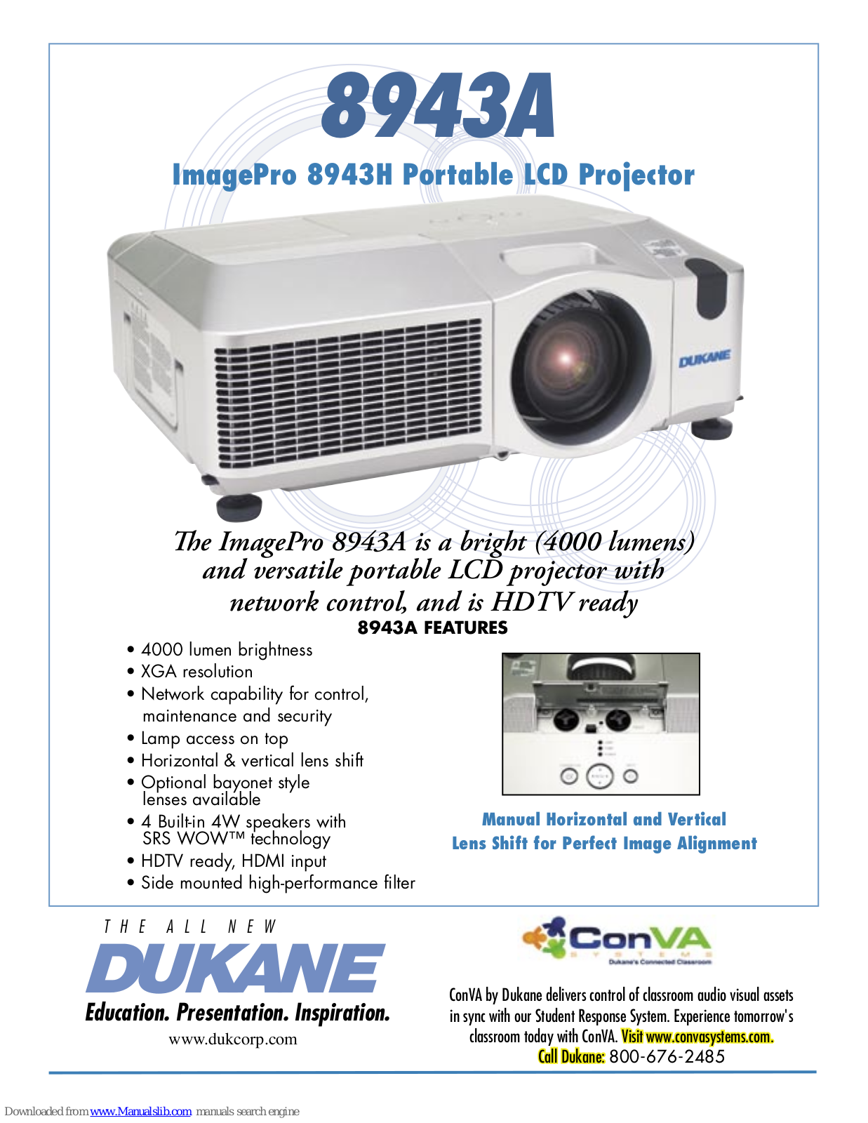 Dukane Portable LCD Projector ImagePro 8943A, ImagePro 8943H Specifications - ManualMachine.com