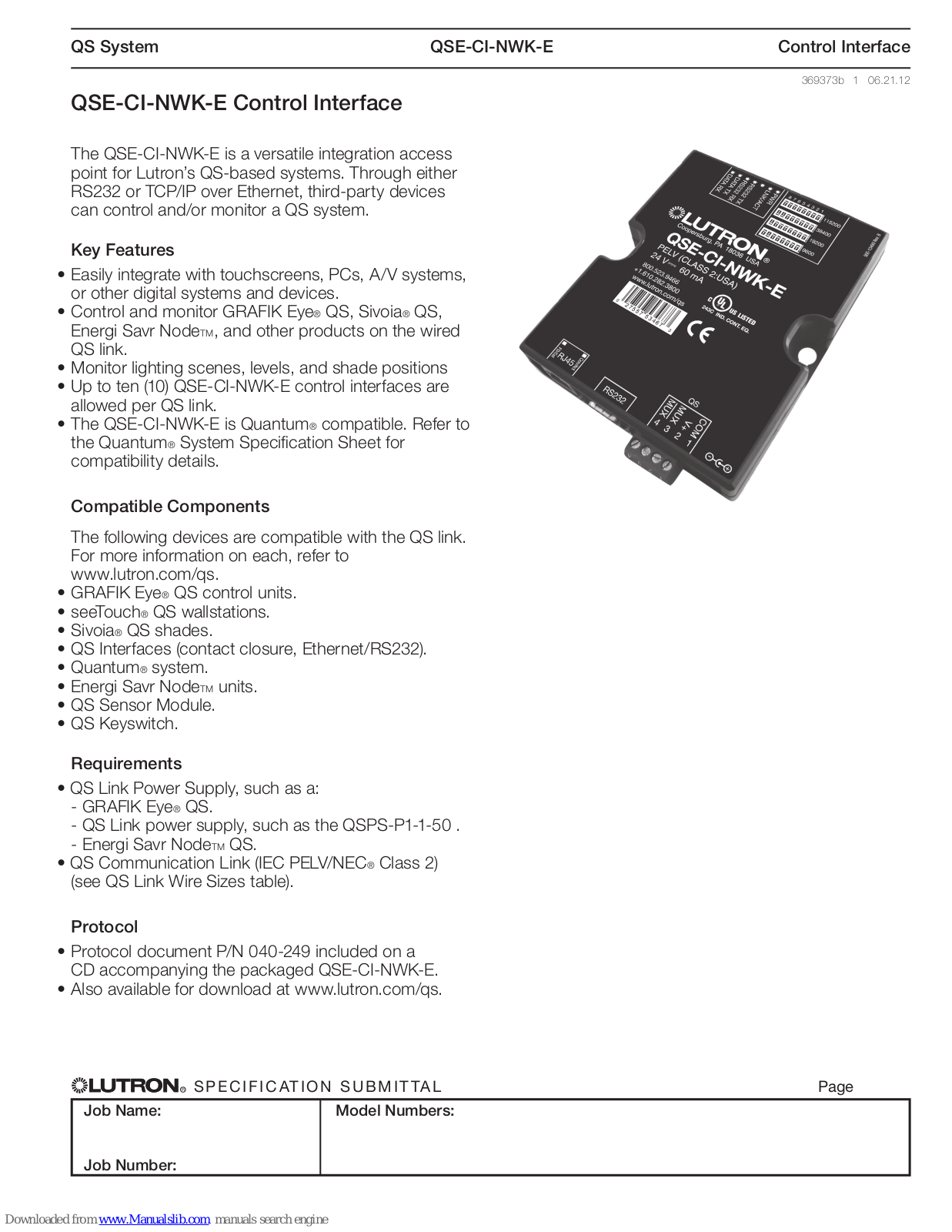 Lutron Electronics QSE-CI-NWK-E User Manual