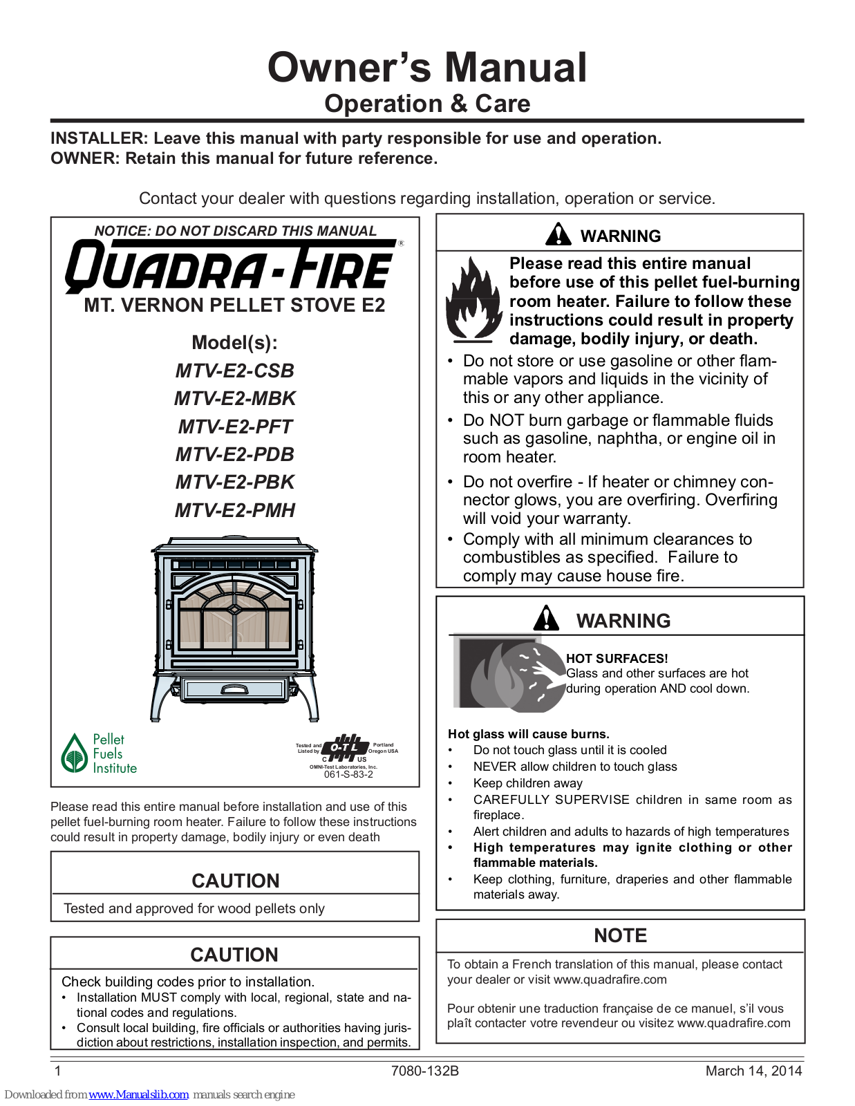 Quadra-Fire MT. VERNON E2, MTV-E2-MBK, MTV-E2-PFT, MTV-E2-PDB, MTV-E2-PBK Owner's Manual