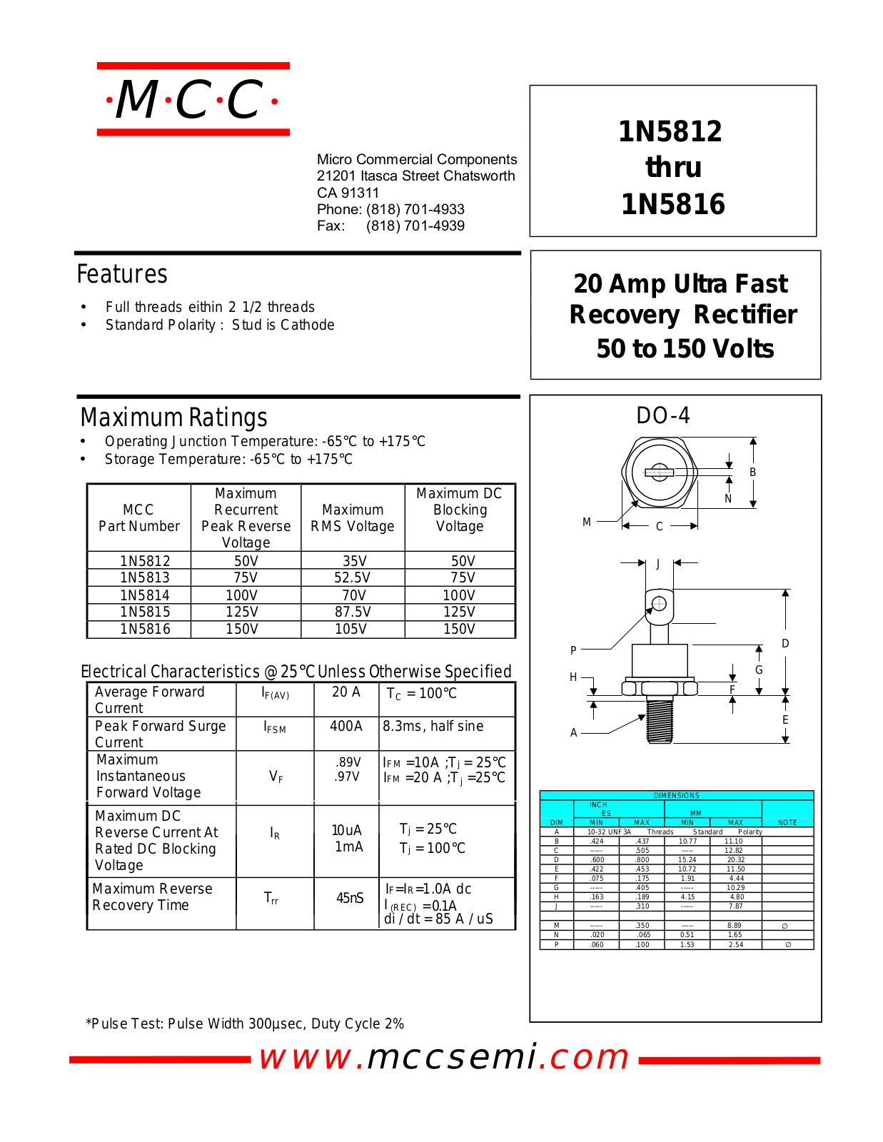 MCC 1N5816, 1N5815, 1N5814, 1N5813, 1N5812 Datasheet