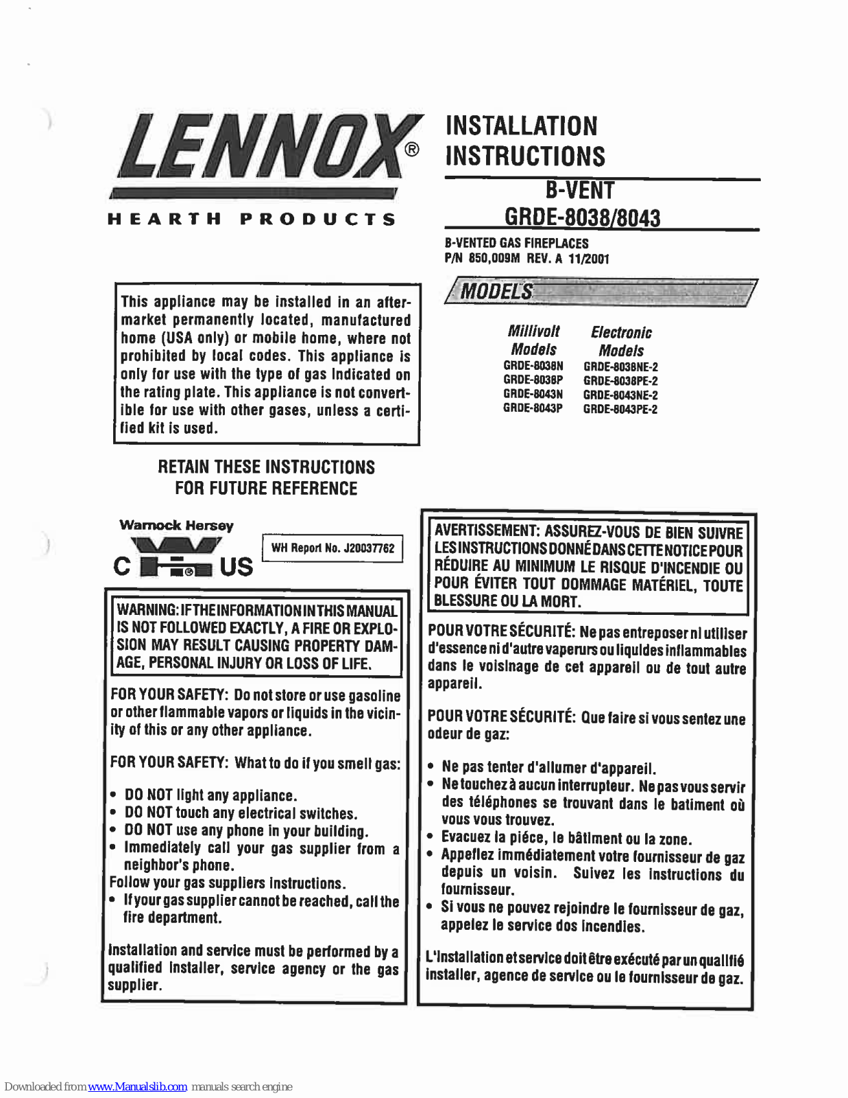 Lennox GRDE-8038N, GRDE-8043N, GRDE-8038P, GRDE-8043P, GRDE-8038NE-2 Installation Instructions Manual