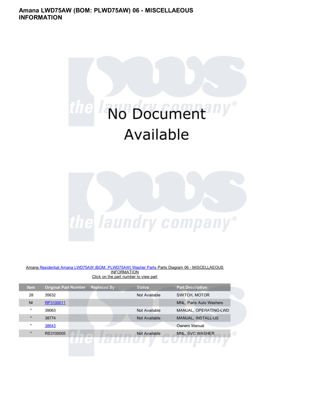 Amana LWD75AW Parts Diagram