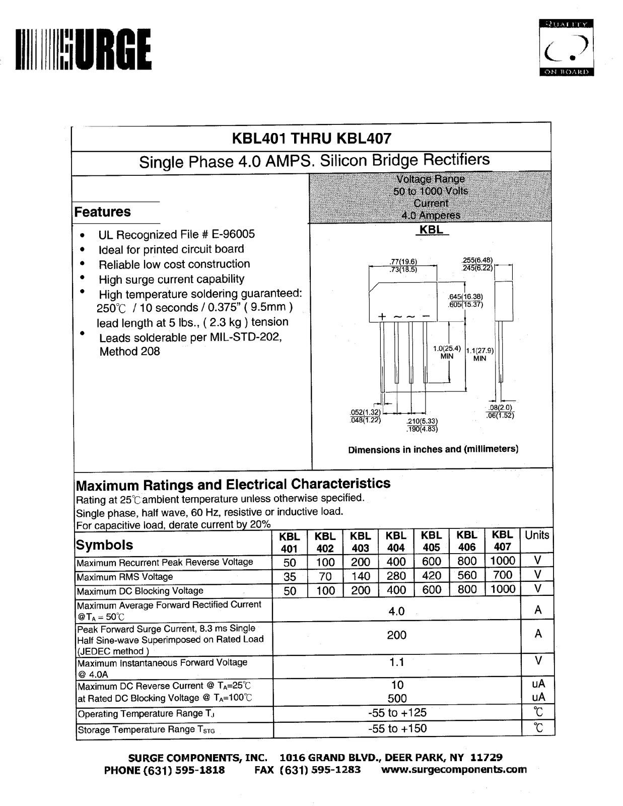 SURGE KBL407, KBL406, KBL405, KBL404, KBL403 Datasheet