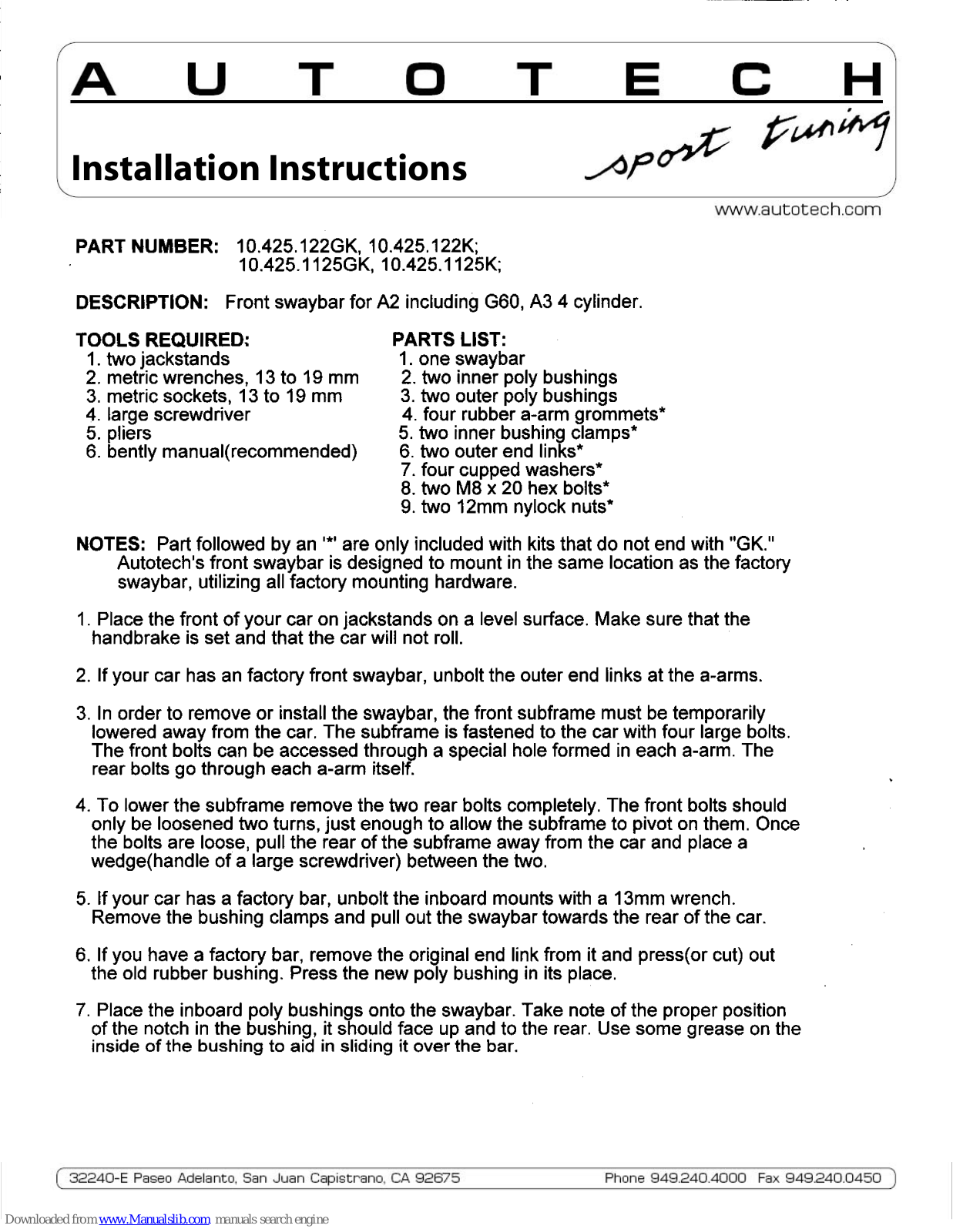 AUTOTECH 10.452.122GK, 10.425.1222K, 10.425.1125K Installation Instructions Manual