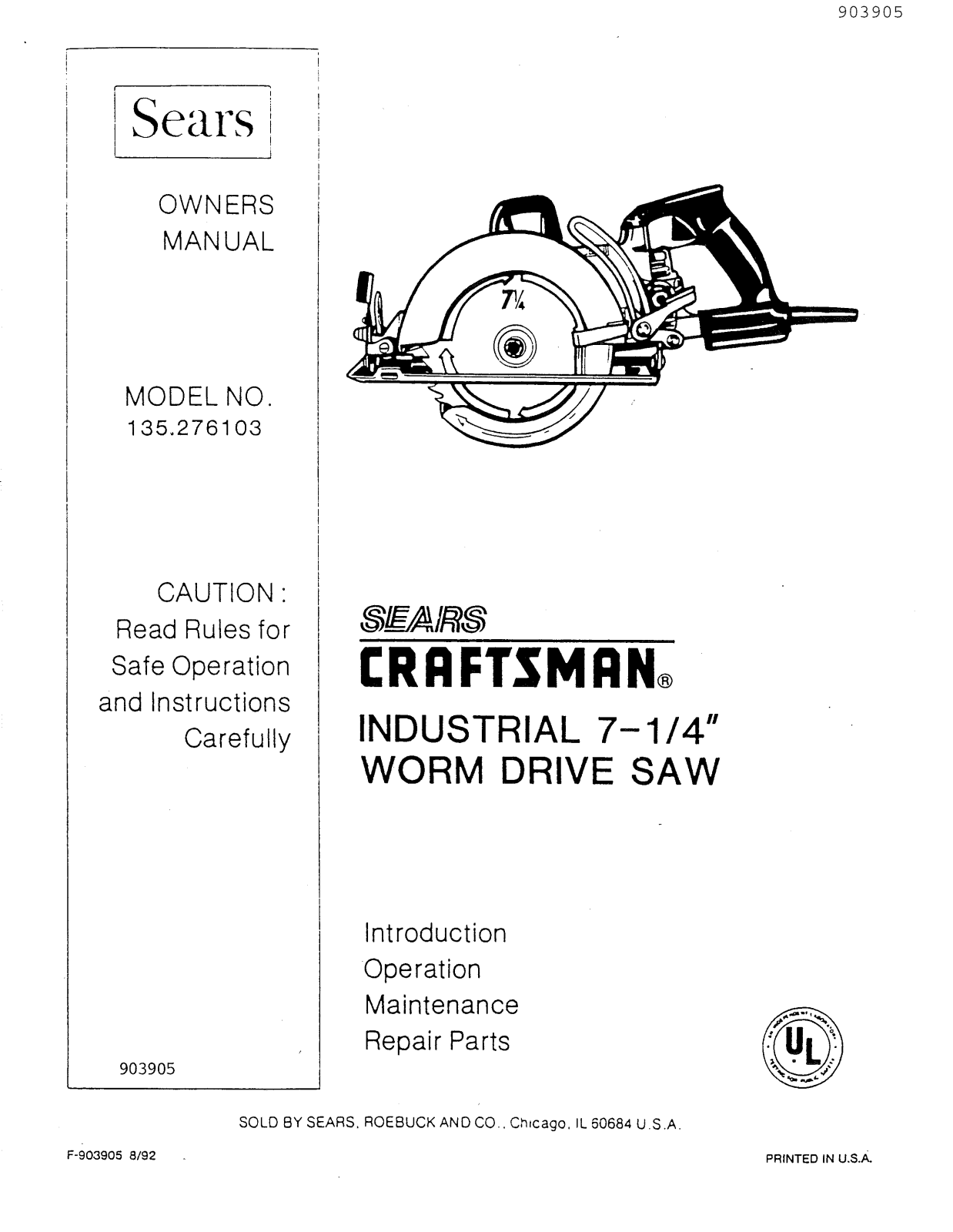 Craftsman 135276103 Owner’s Manual