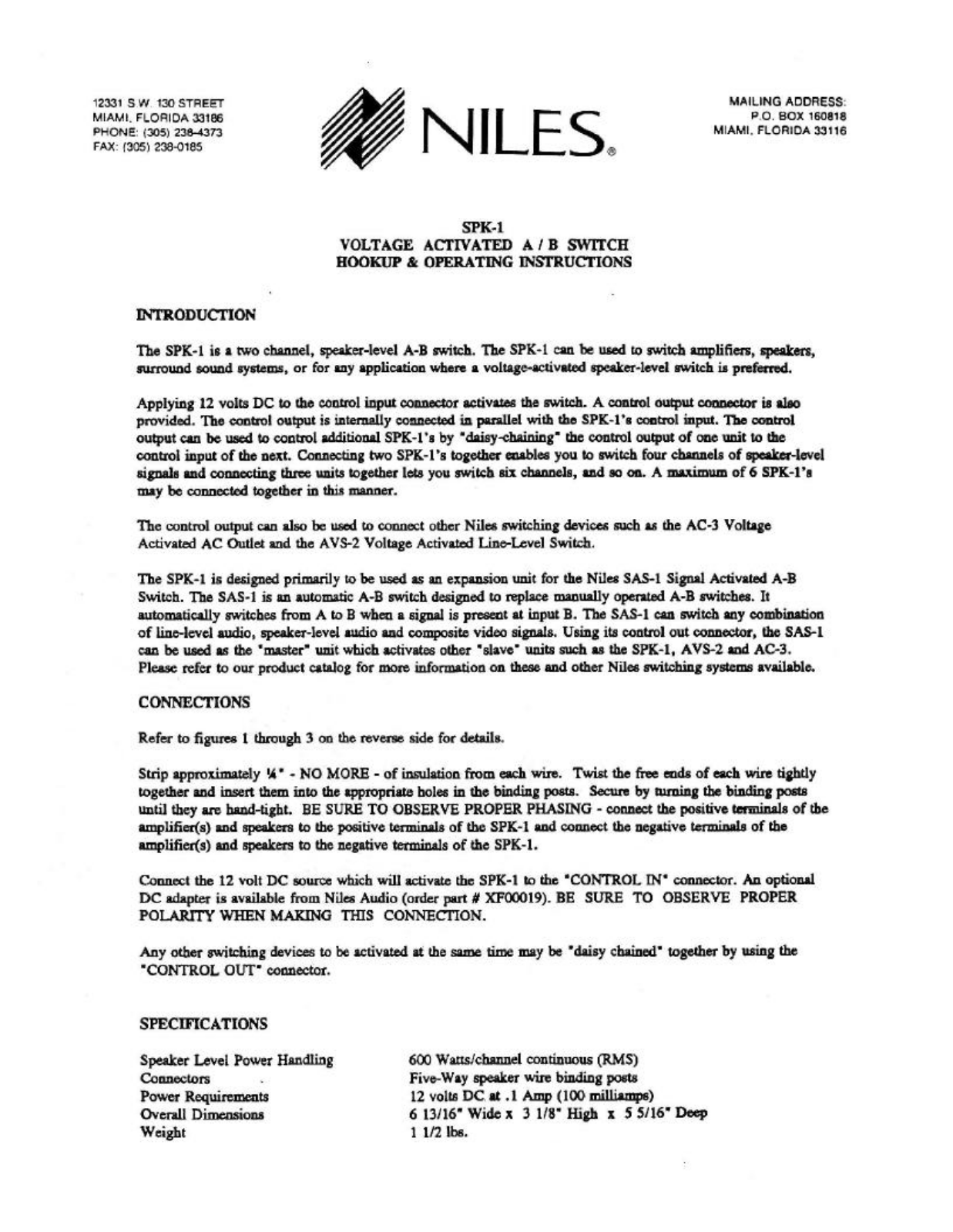 Niles Audio SPK-1 User Manual