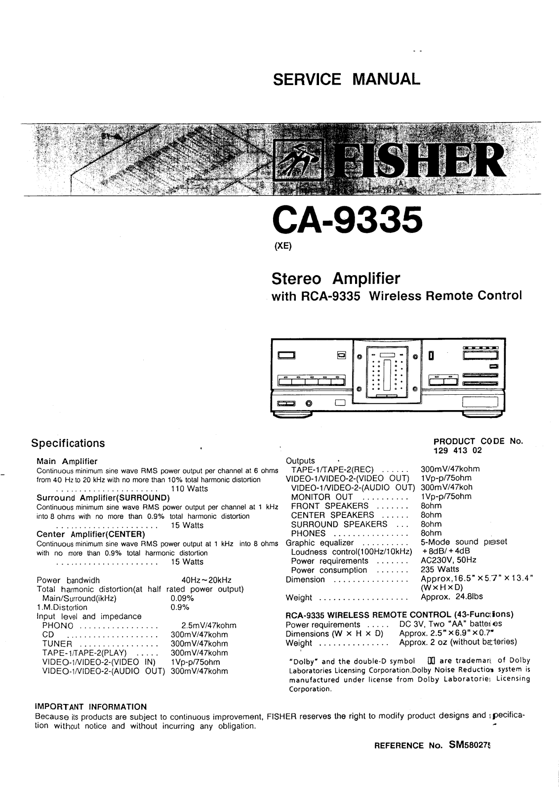 Fisher CA-9335 Service manual