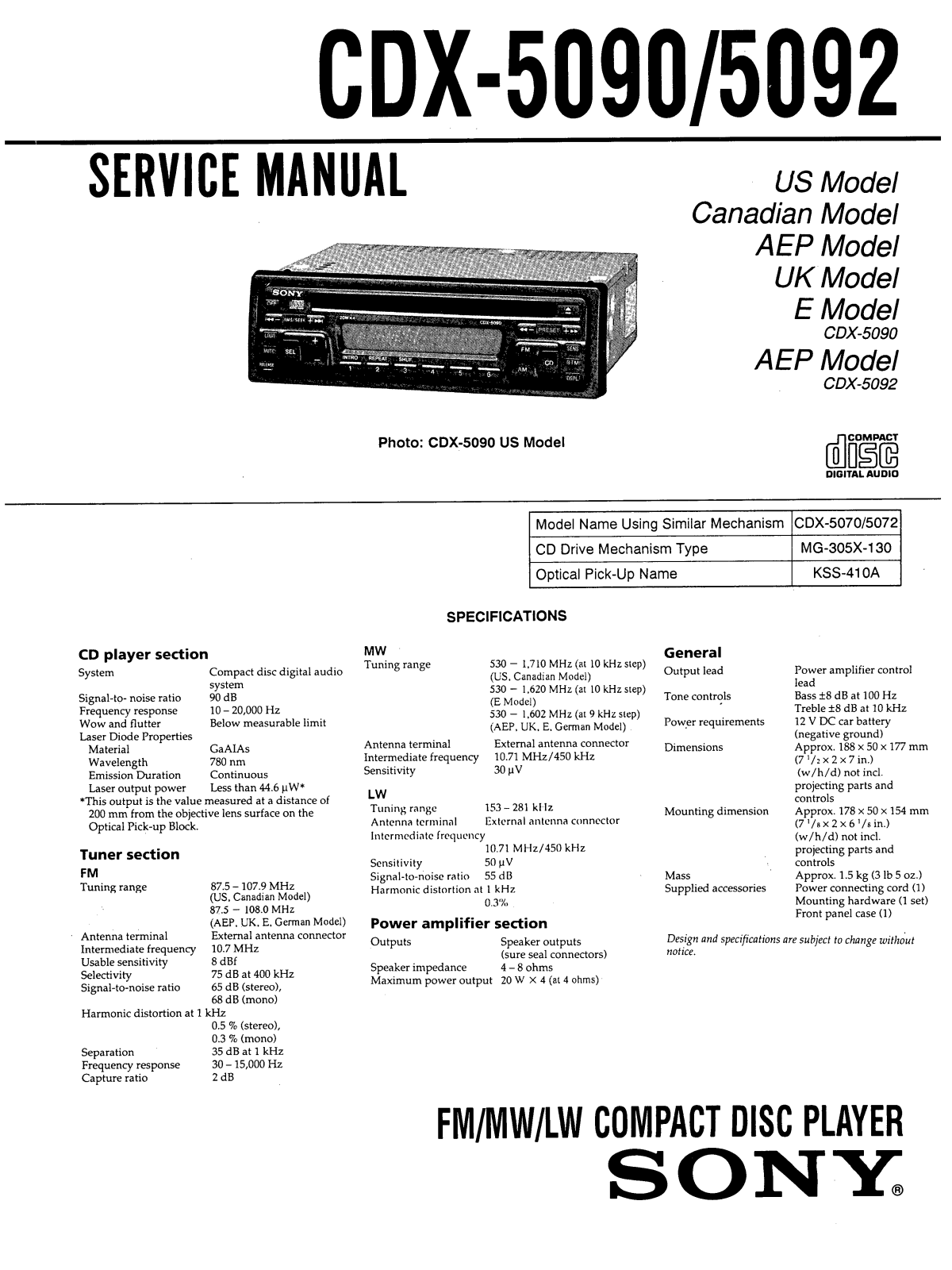 Sony CDX-5092, CDX-5090 Service manual