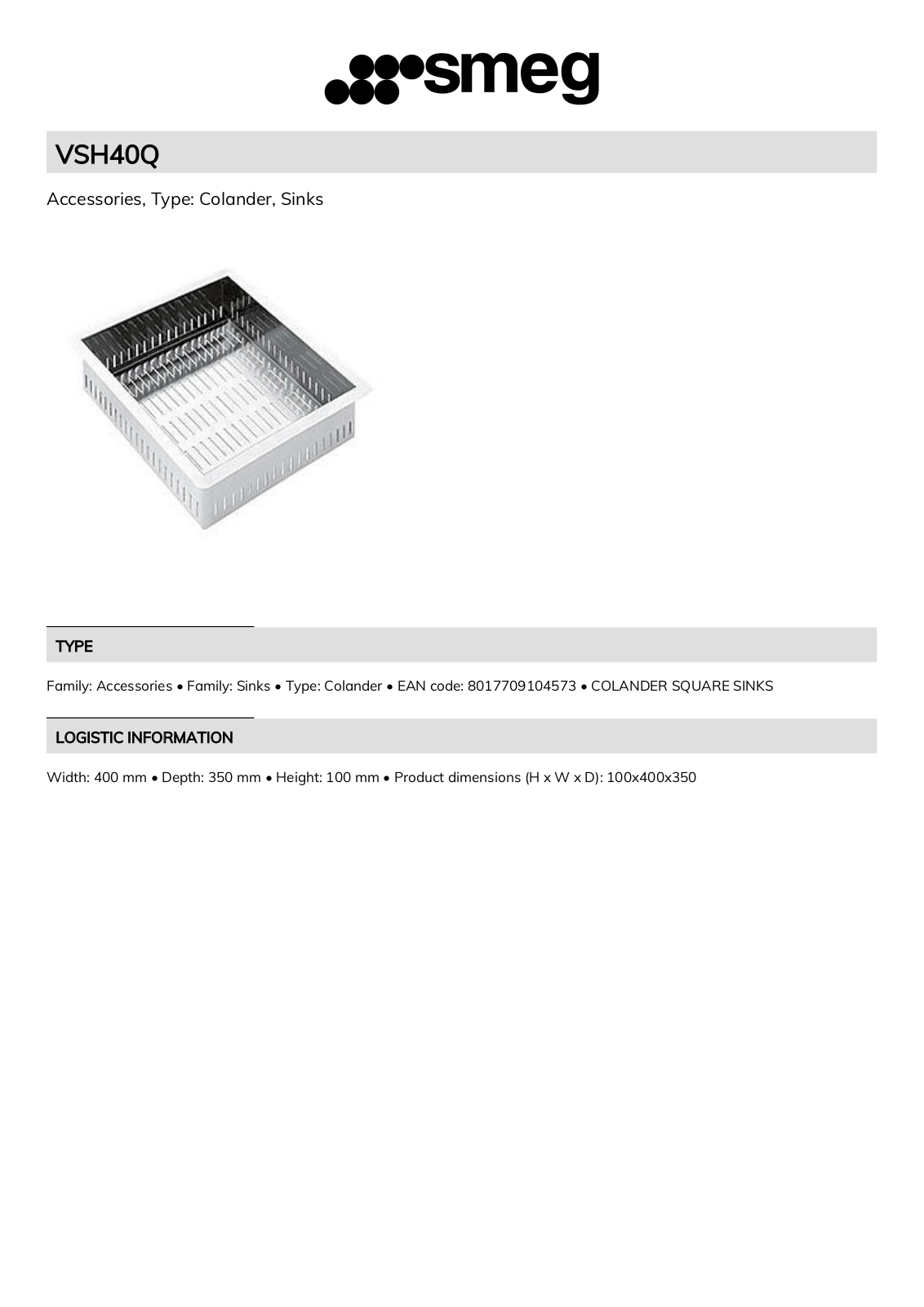 Smeg VSH40Q Technical sheet