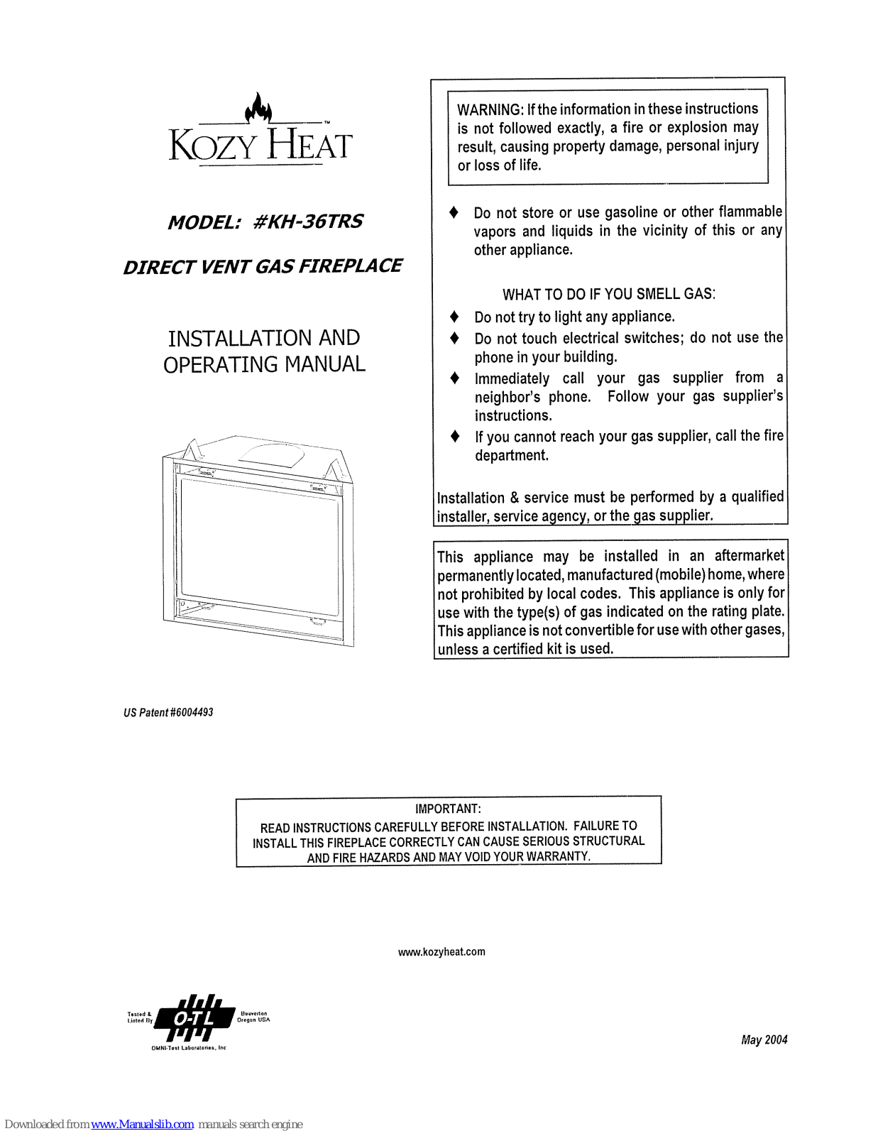 kozy heat KH-36TRS Installation And Operating Manual