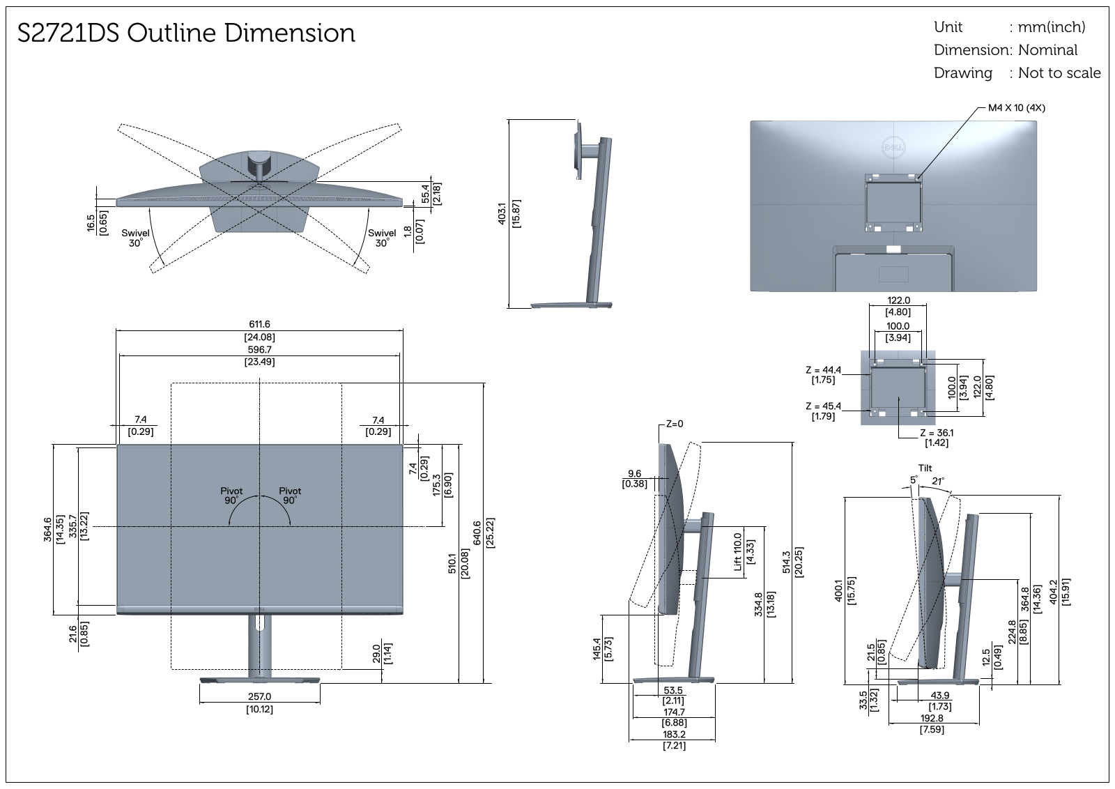 Dell S2721DS Dimensional drawing