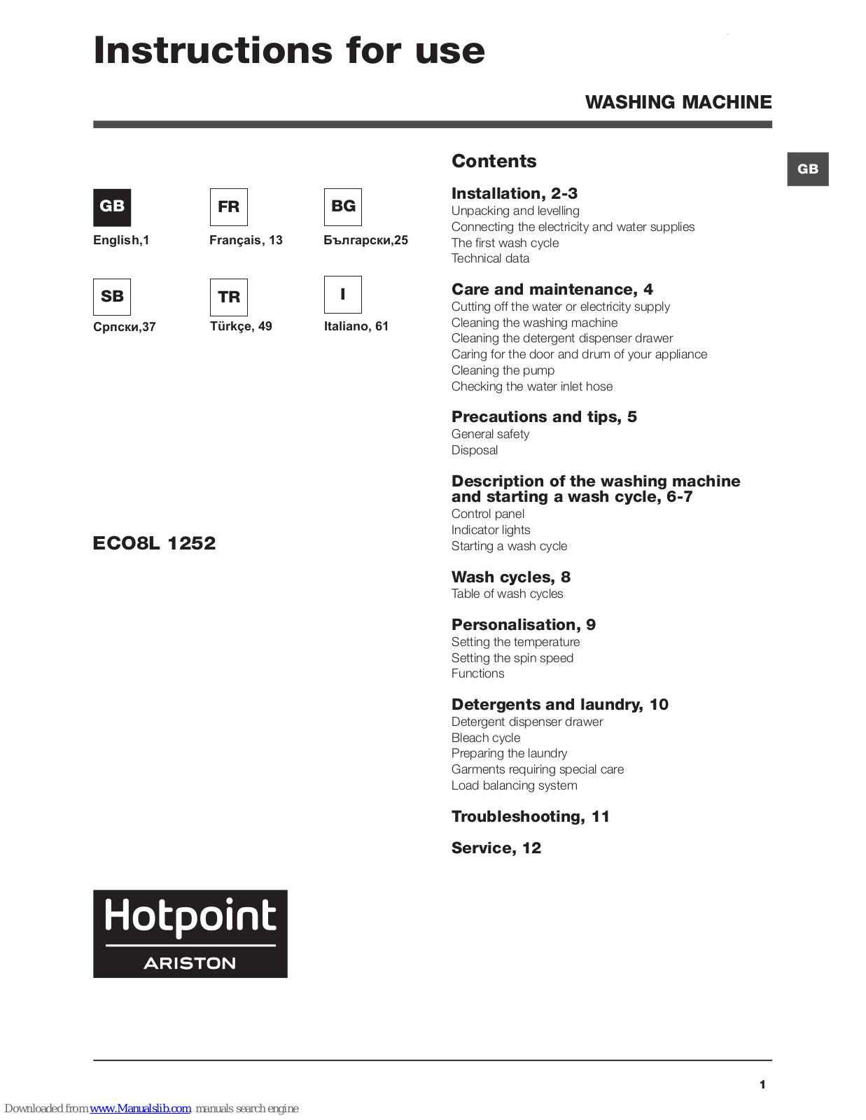 Hotpoint Ariston ECO8L 1252 Instructions For Use Manual