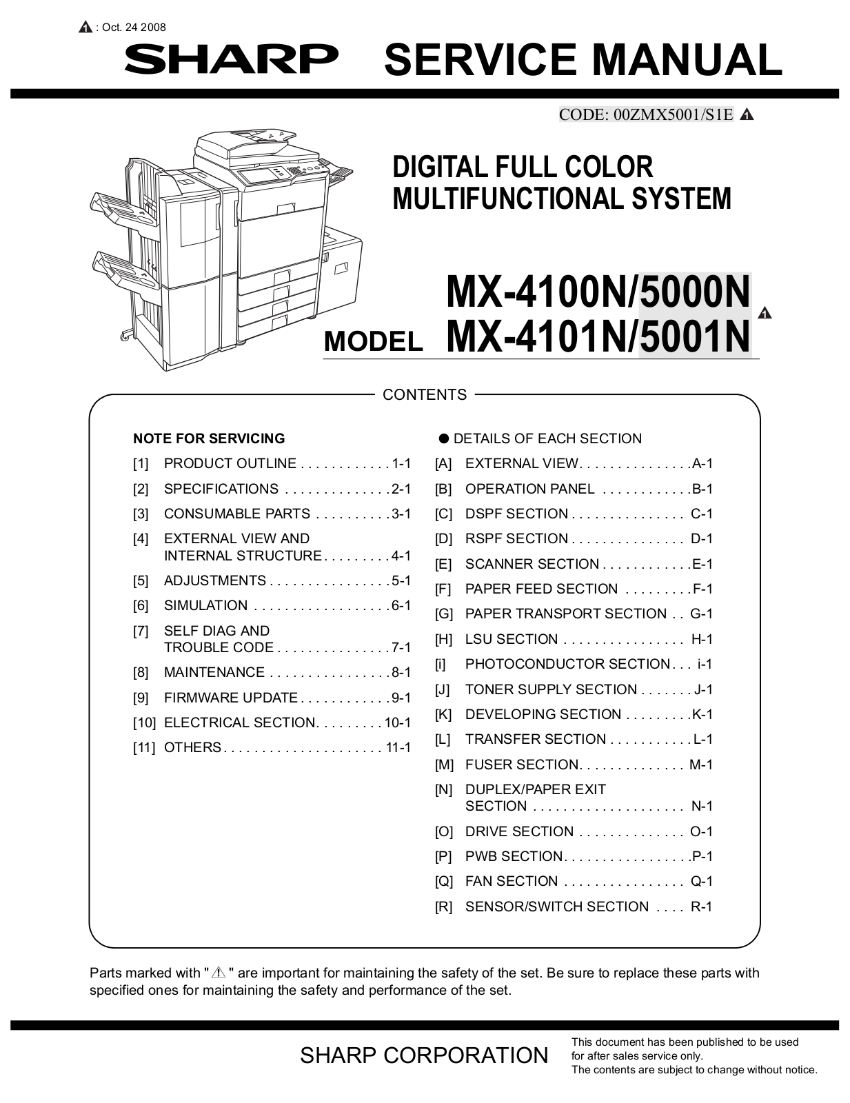 Sharp MX-4100N, MX-5000N, MX-4101N, MX-5001N Service Manual. Circuit Diagram. Parts Guide