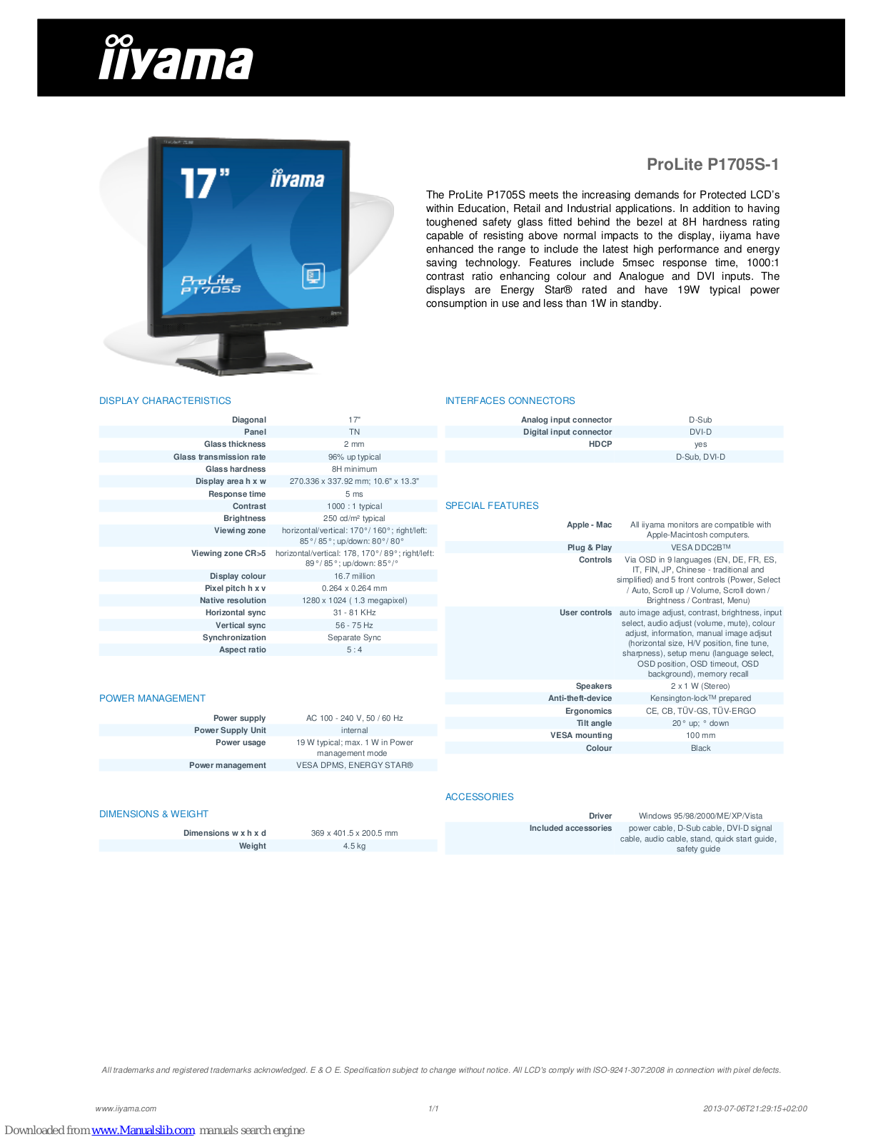 Iiyama ProLite P1705S-1 Specification