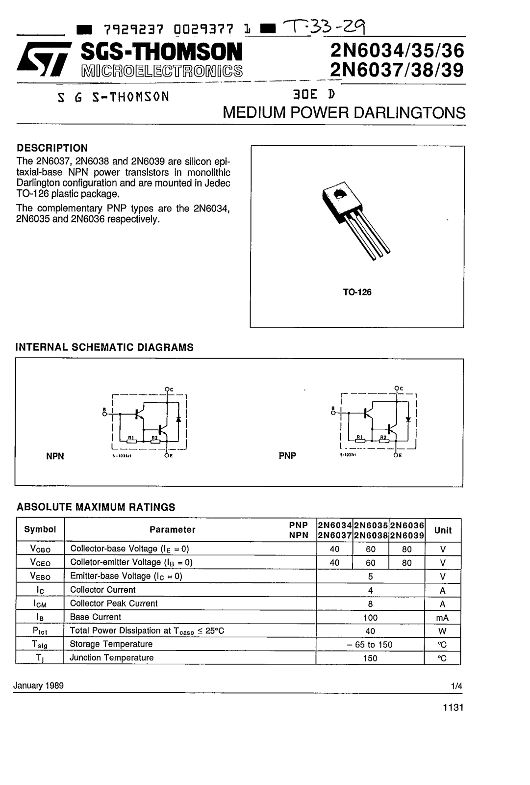 SGS Thomson Microelectronics 2N6039, 2N6038, 2N6037, 2N6036, 2N6035 Datasheet