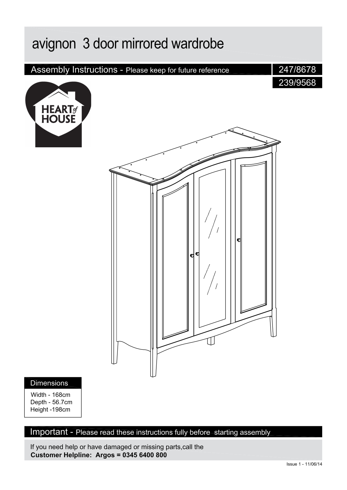 Argos Avignon 3 door mirrored wardrobe ASSEMBLY INSTRUCTIONS