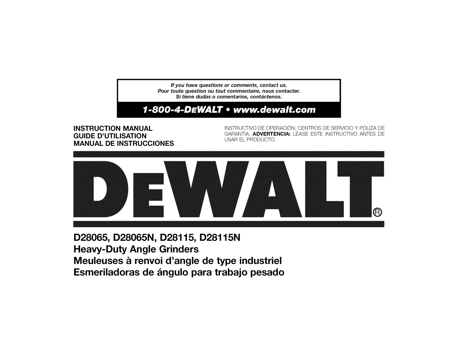 DeWalt D28065 TYPE1, D28065N TYPE 1, D28115N TYPE 1, D28115 TYPE 1 Owner’s Manual