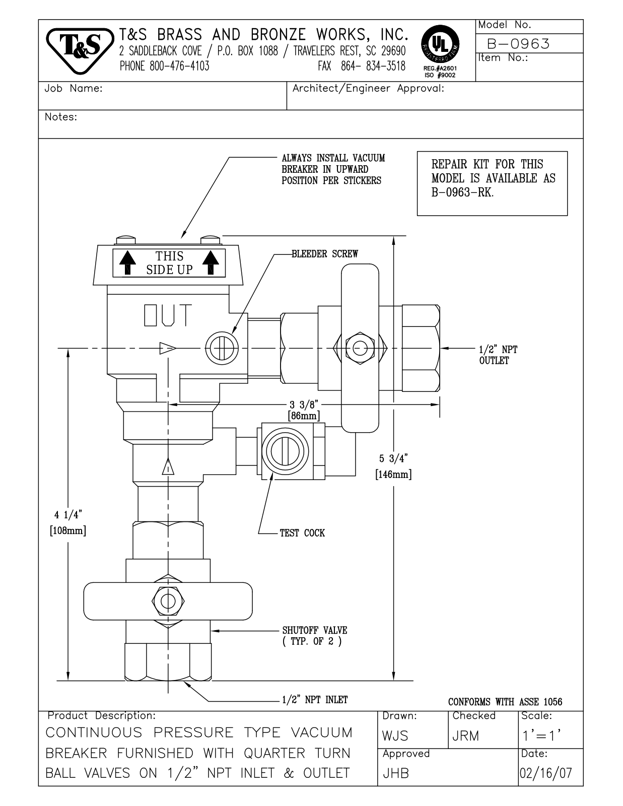 T & S Brass & Bronze Works B-0963 General Manual