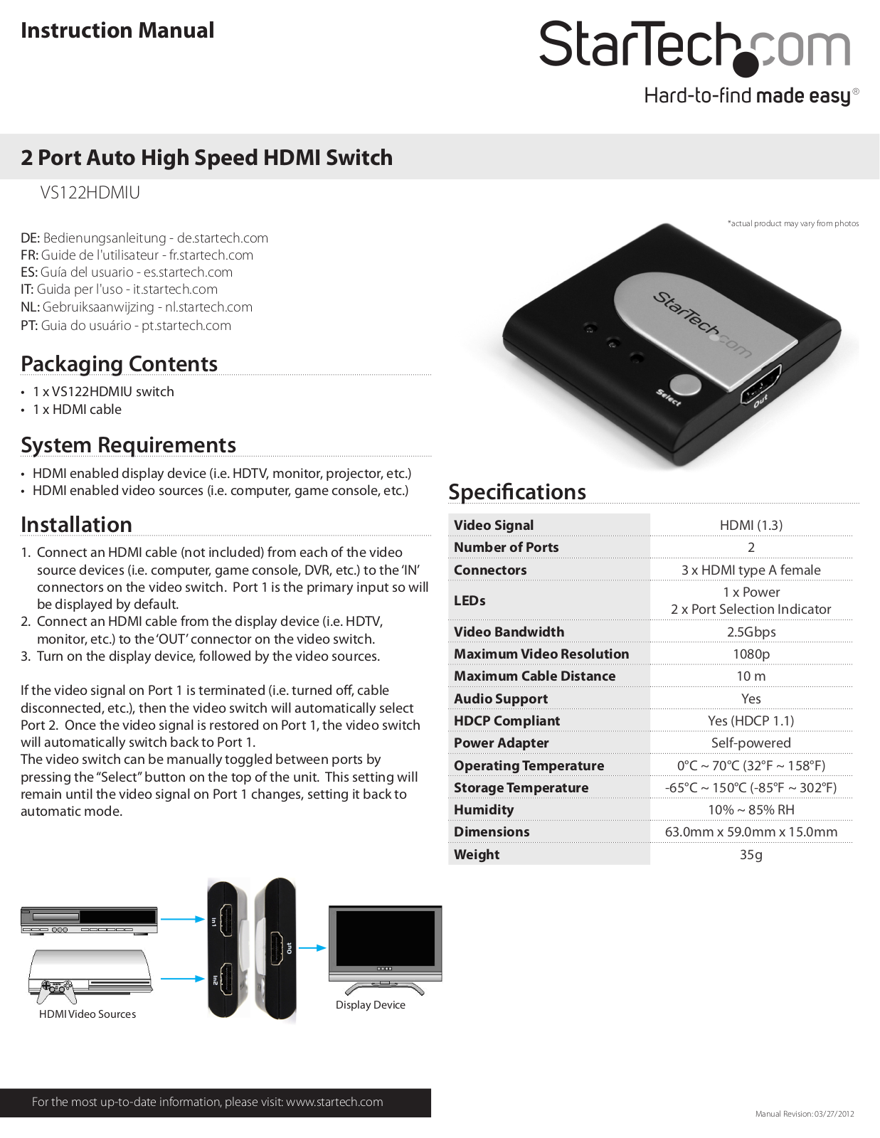 StarTech.com VS122HDMIU User Manual