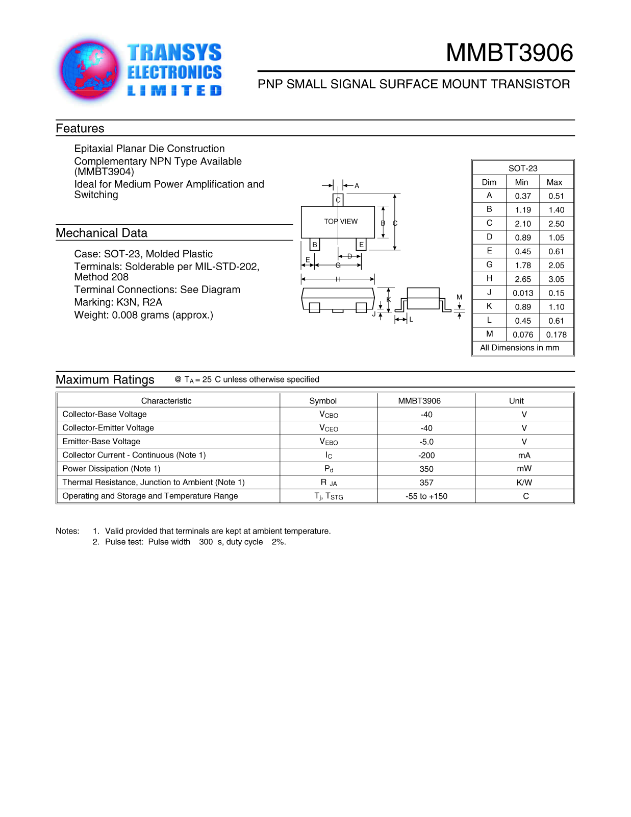 TEL MMBT3906 Datasheet