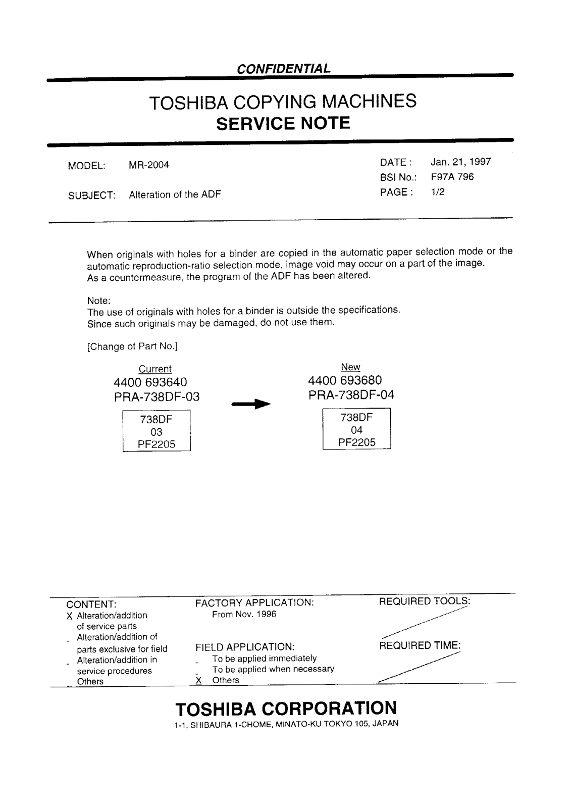 Toshiba f97a796 Service Note