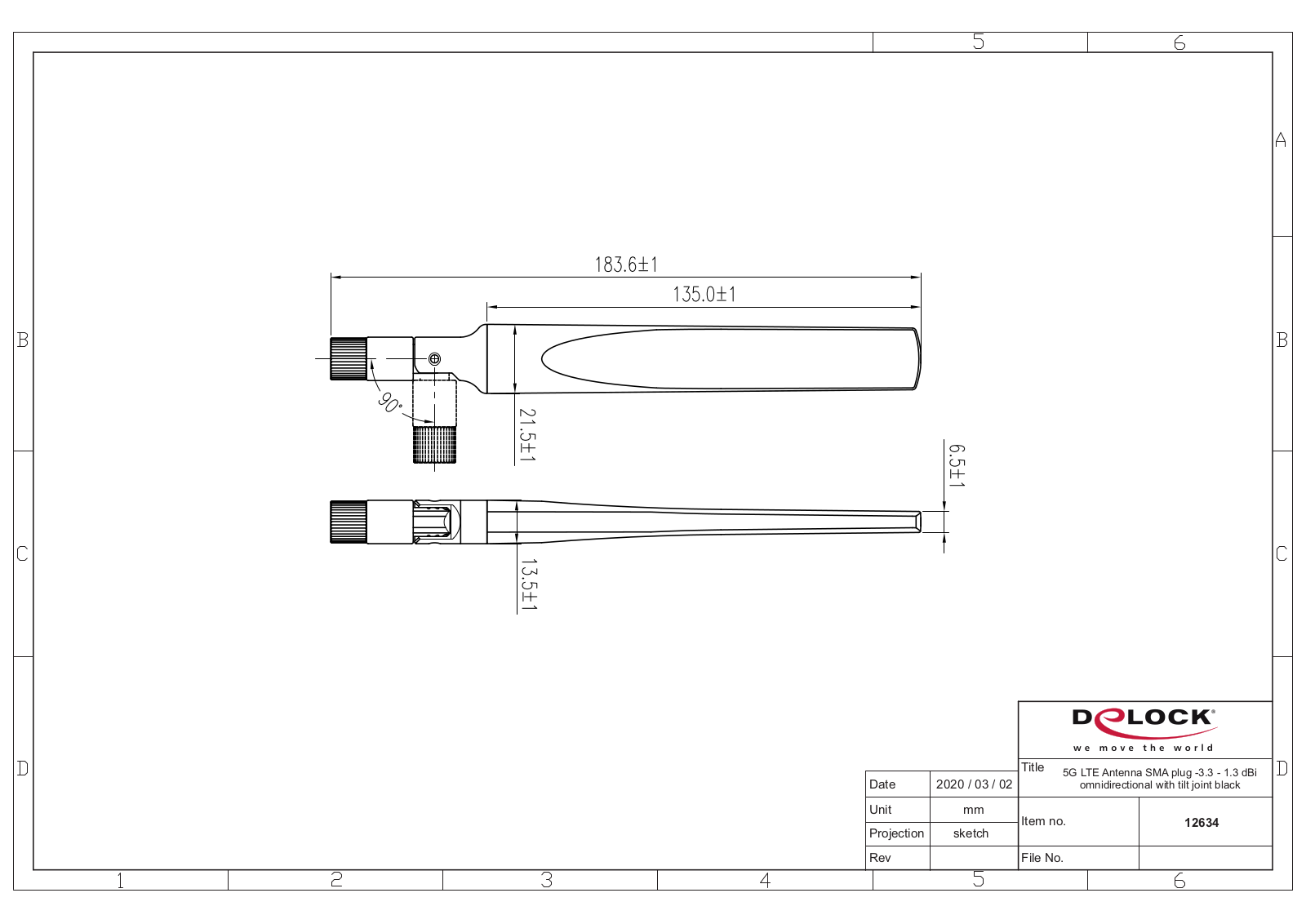 DeLOCK 5G LTE antenna, SMA, 1.3dBi, omnidirectional, black Dimensional drawing