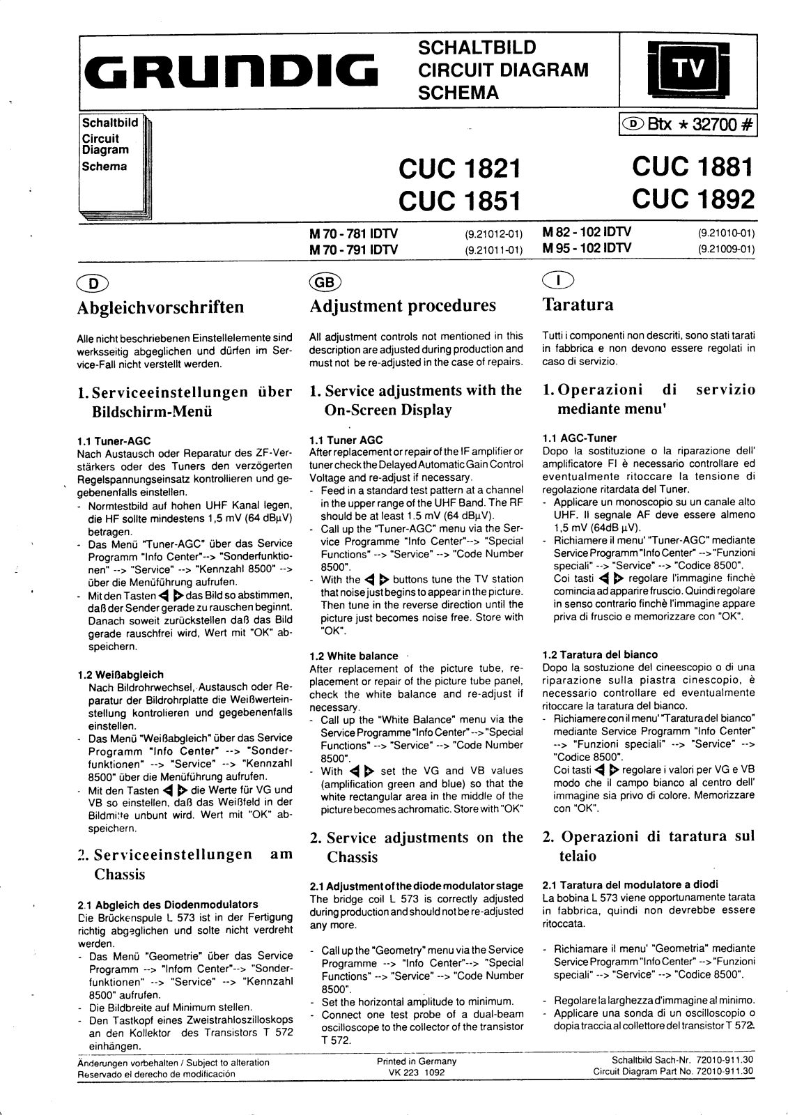 Grundig CUC1821, CUC1851, CUC1881, CUC1892, M70-781 IDTV Service Manual