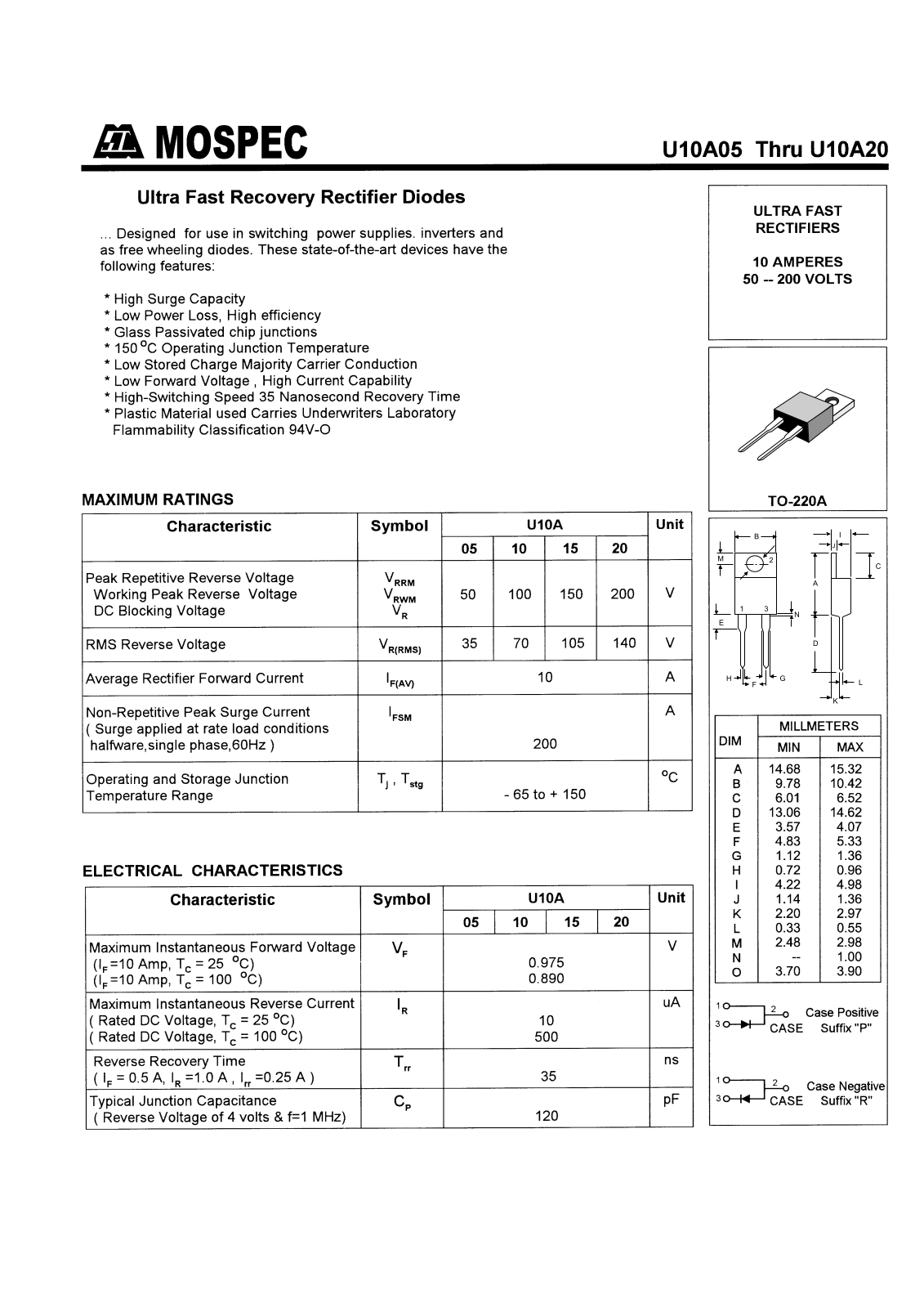 MOSPEC U10A20, U10A15, U10A10, U10A05 Datasheet