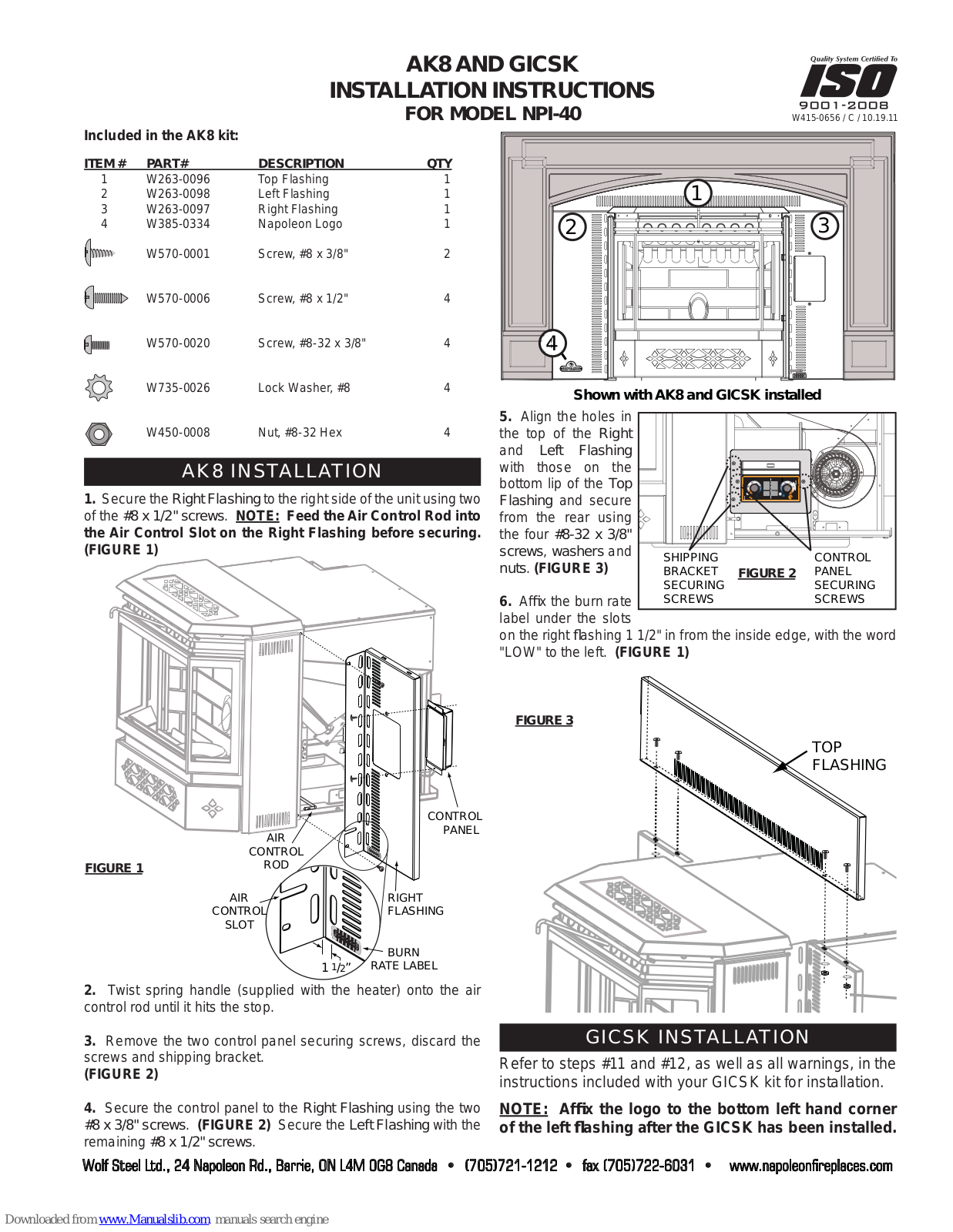 Napoleon AK8, GICSK Installation Instructions Manual