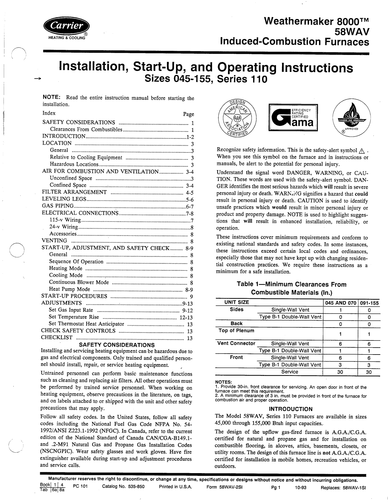 Carrier WEATHERMAKER 8000 58WAV User Manual